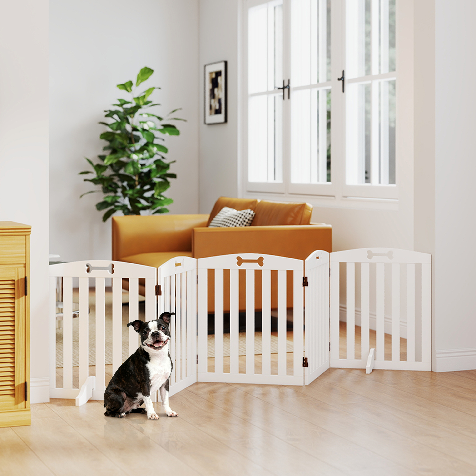 Freistehendes Hundegitter mit Stützfüßen, für Türrahmen, Flur, Treppe, 258 x 30 x 61 cm, Weiß