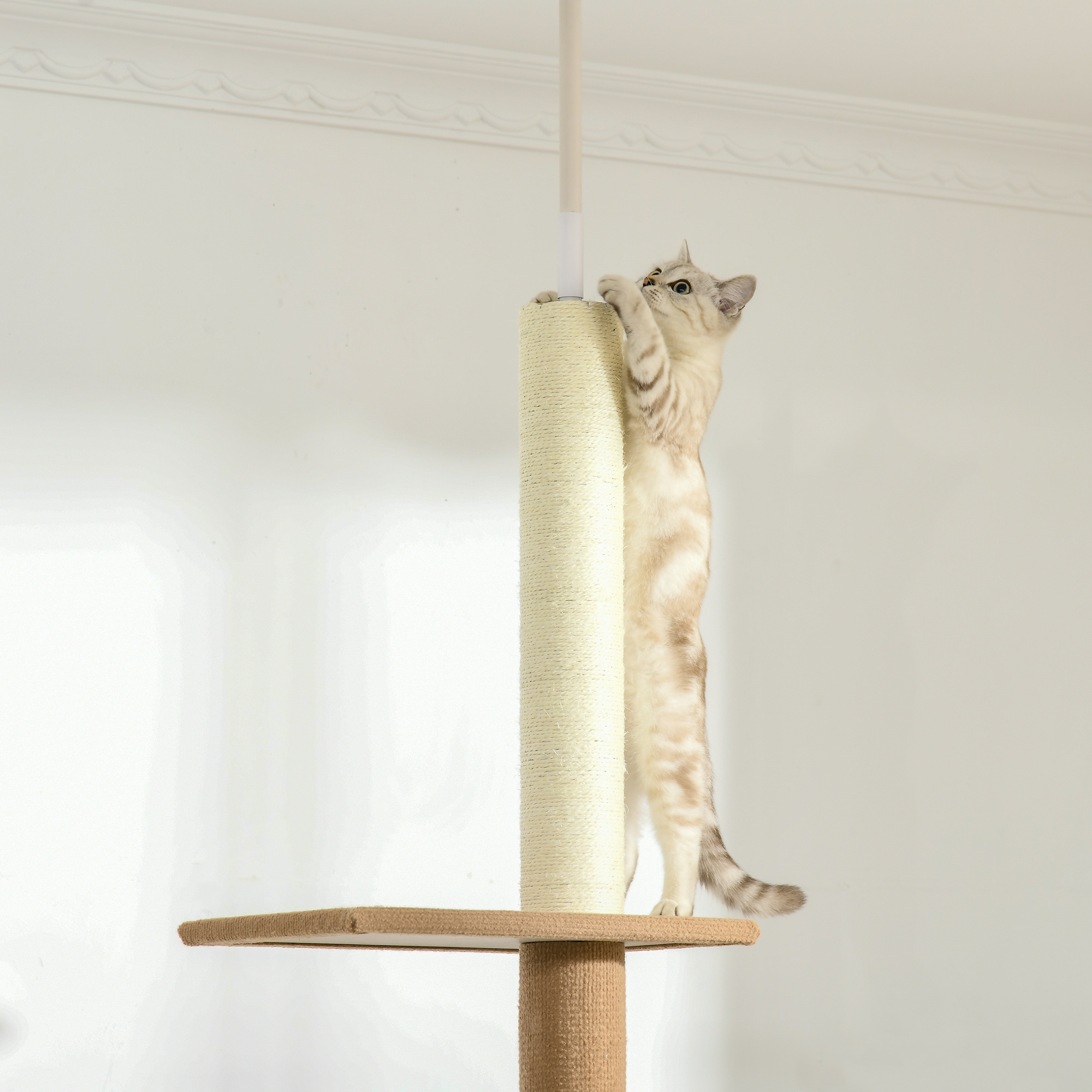 Kratzbaum Deckenhoch, 228-260 cm Höhenverstellbarer Katzenbaum Kletterbaum für Katzen mit 3 Ebenen, Katzenkratzbaum, Spielbaum vom Boden bis zur Decke Khaki