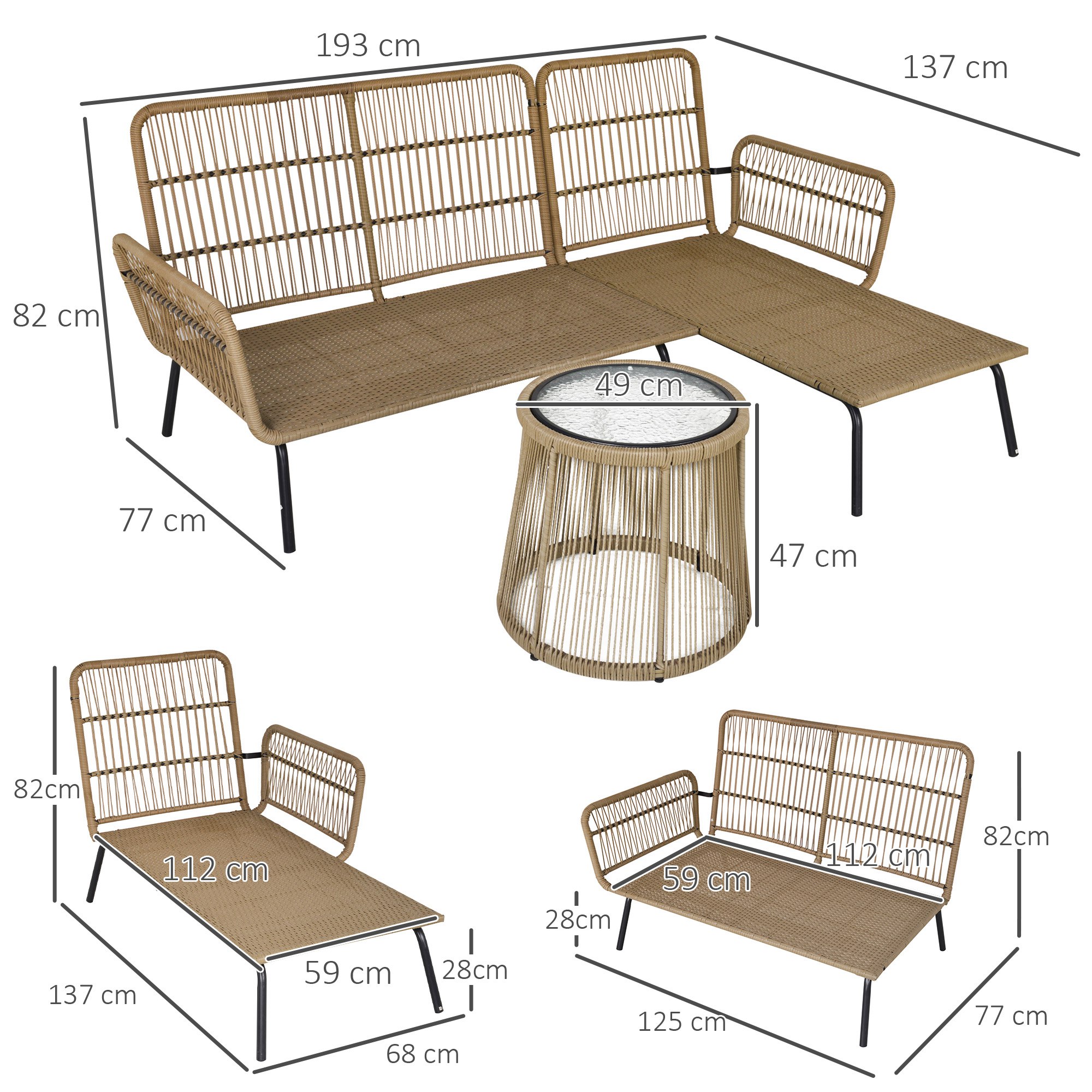 3 tlg. Rattan Gartenmöbel-Set, PE-Rattan, 1 Ecksofa, 1 Liege, inkl. Kissen, wetterbeständig, Kaffee +Creme