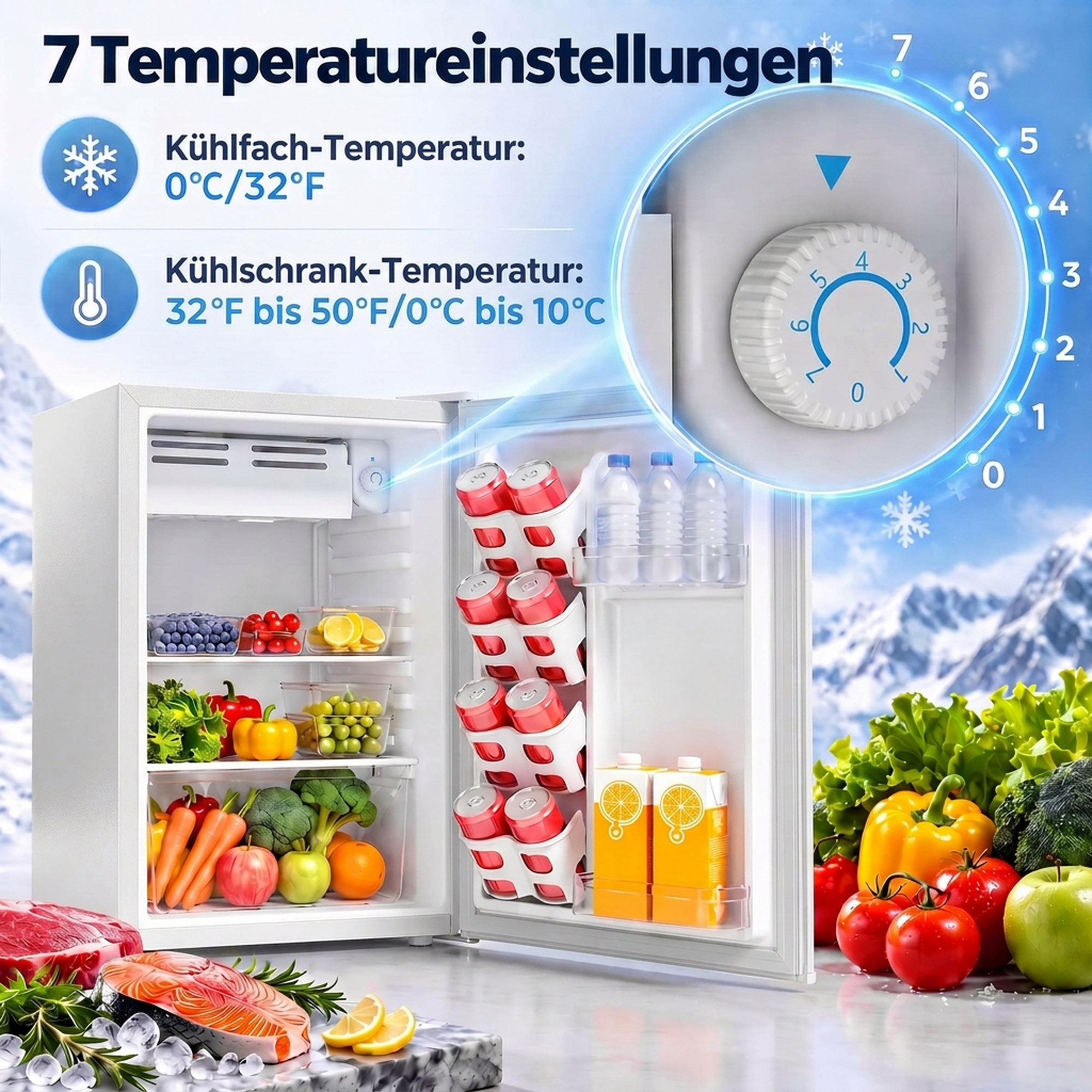 Minikühlschrank mit Gefrierfach, Einstellbares Thermostat, Kleiner Kühlschrank, Eintürig, 72,5 L, Weiß