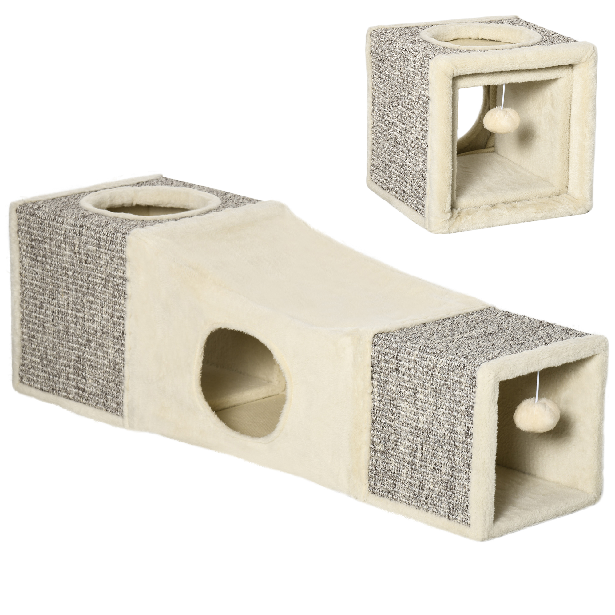Katzentunnel, 2 Katzenhöhlen, Kratzflächen und Ballspielzeug, 98 cm x 30 cm x 30 cm, Braun + Beige Katzentunnel, 2 Katzenhöhlen, Kratzflächen und Ballspielzeug, 98 cm x 30 cm x 30 cm, Braun + Beige