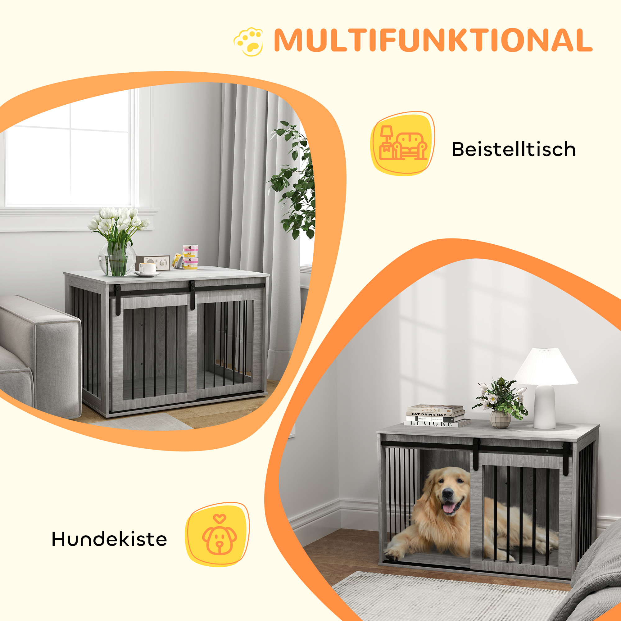 Hundebox mit Schiebetür, Belüftung, Spanplatte und Stahl, 98 x 58 x 61 cm, Grau