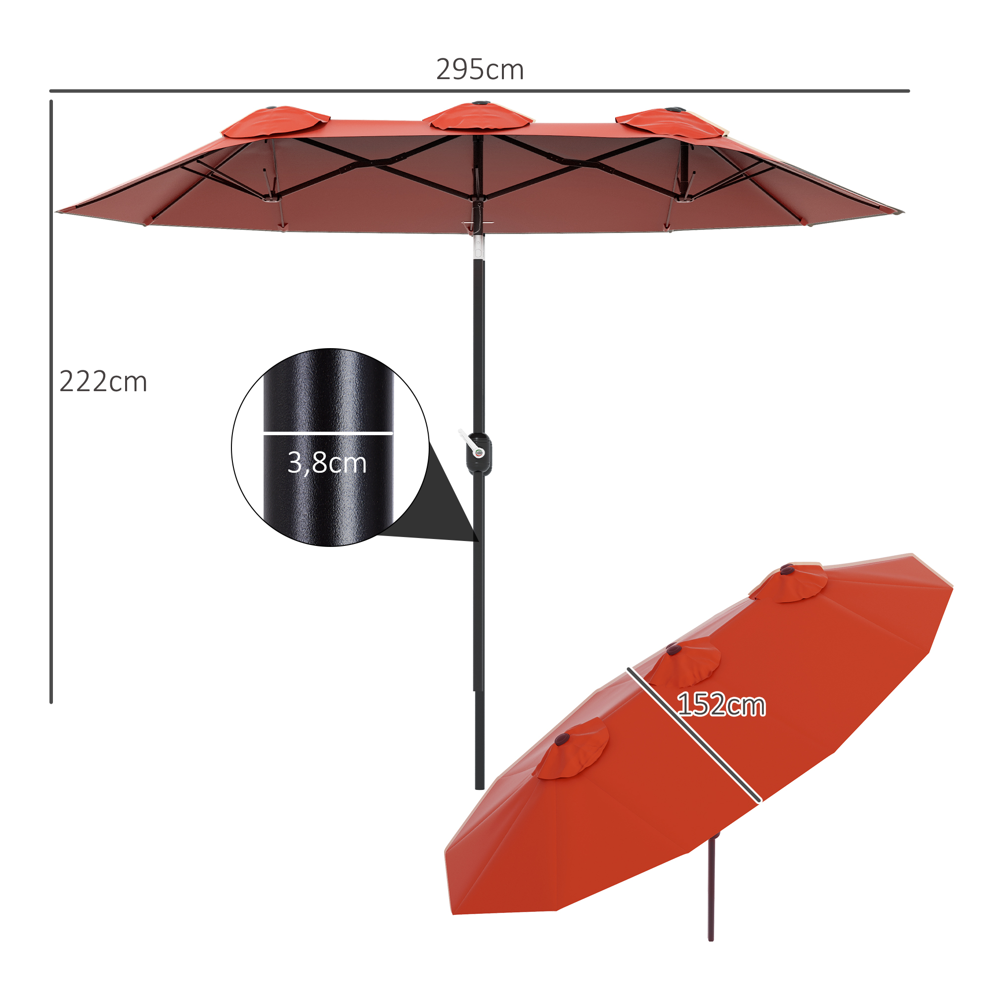 Sonnenschirm, Gartenschirm, neigbar, mit Handkurbel, Winddach, Polyester+Stahl, Weinrot, 295 x 152 cm