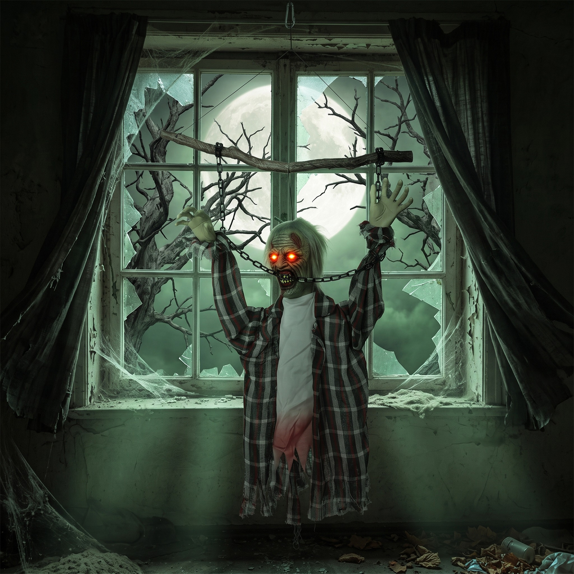 110 cm animierte hängende Halloween-Deko, schreiender Zombie, Sound- & Berührungsaktivierung, rote LED-Augen