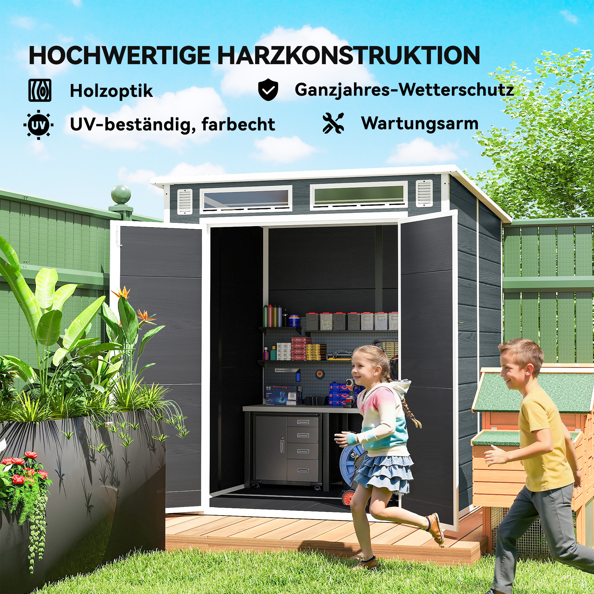 Gerätehaus 2,89 m², Geräteschuppen mit Holzoptik 3 Fenster Doppeltür Belüftung Boden Schloss, 182 x 182 x 196 cm