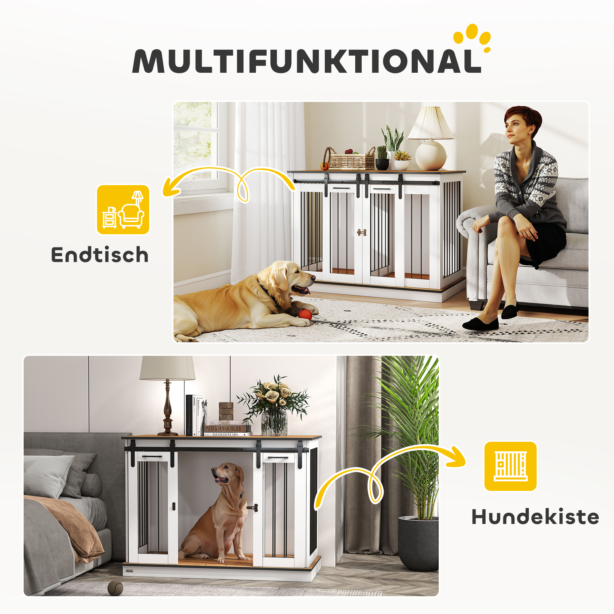Hundekäfig mit 2 Türen, Hundebox, Transportbox für Hunde, rustikales Design, verriegelbar, Weiß