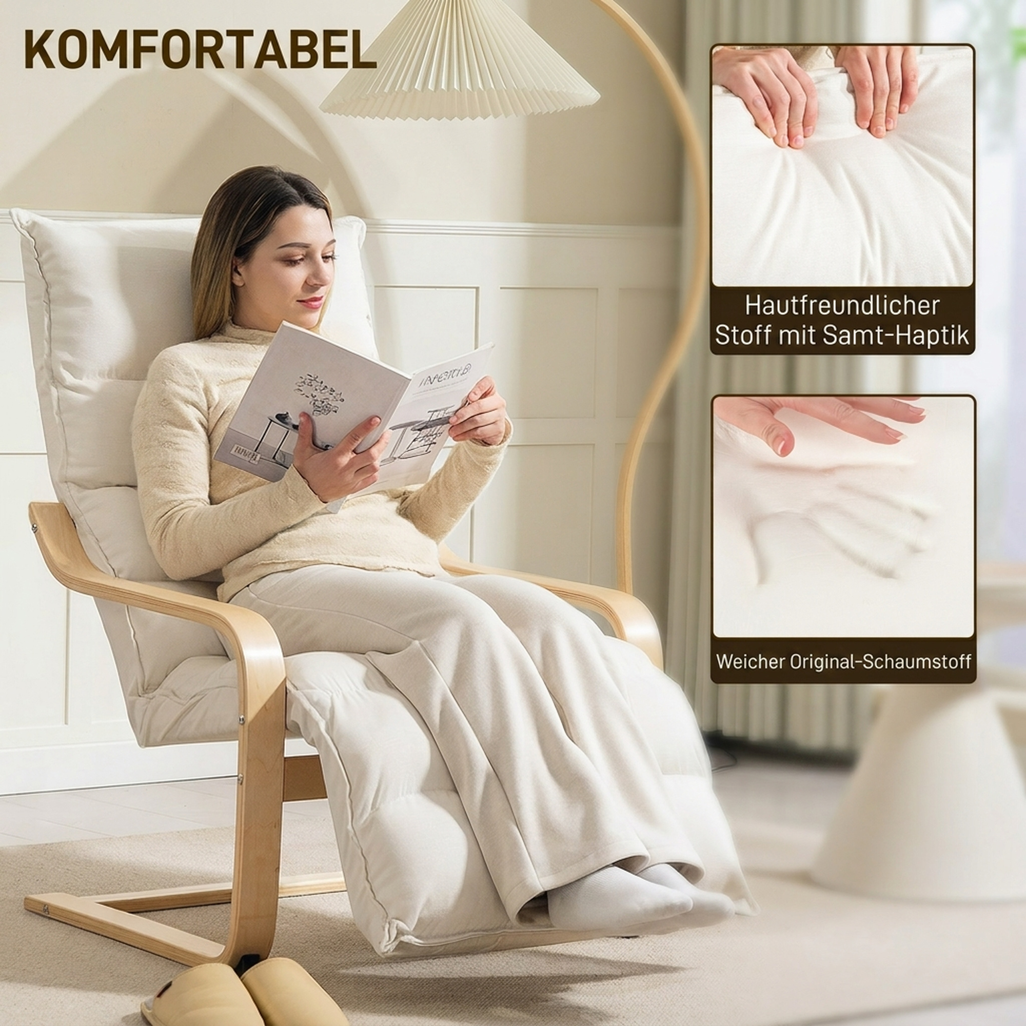 Lounge-Sessel aus Birkenholz, Polstersessel mit verstellbarer Fußstütze, Moderner Armlehnstuhl, Cremeweiß