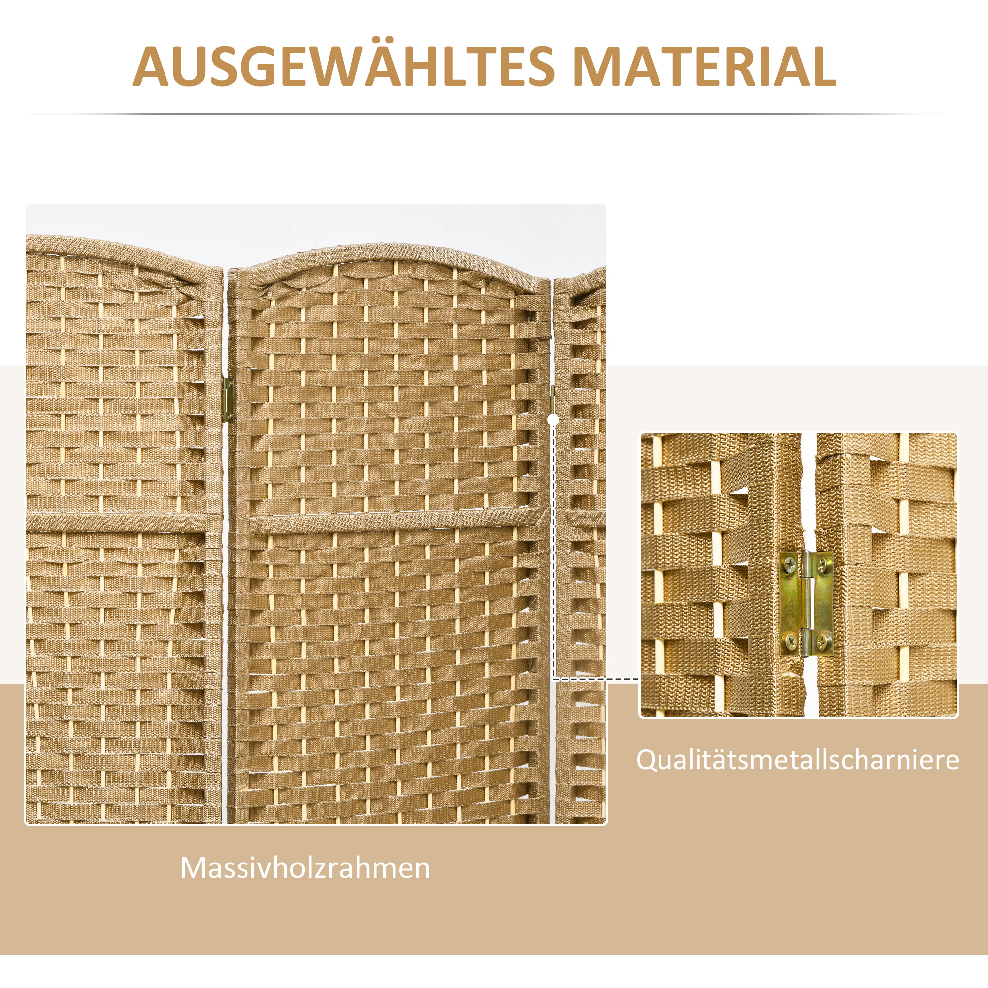 6-teiliger Raumtrenner, Faltbarer Sichtschutz, Sichtschutzwand für Wohnzimmer, Schlafzimmer, Homeoffice, Natur