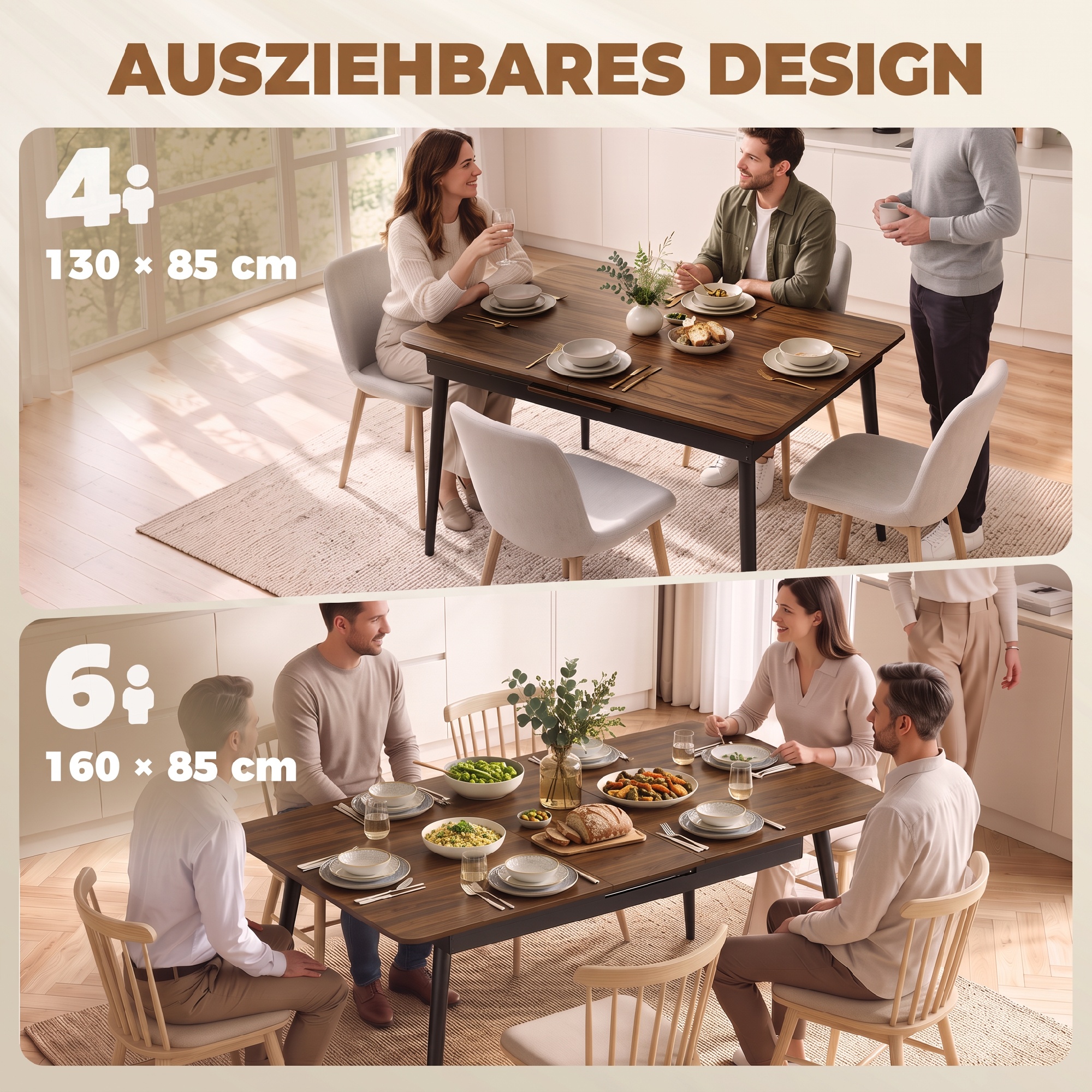 ausziehbarer Esstisch 130-160 cm, Küchentisch mit abgerundeten Ecken, Hellwalnuss