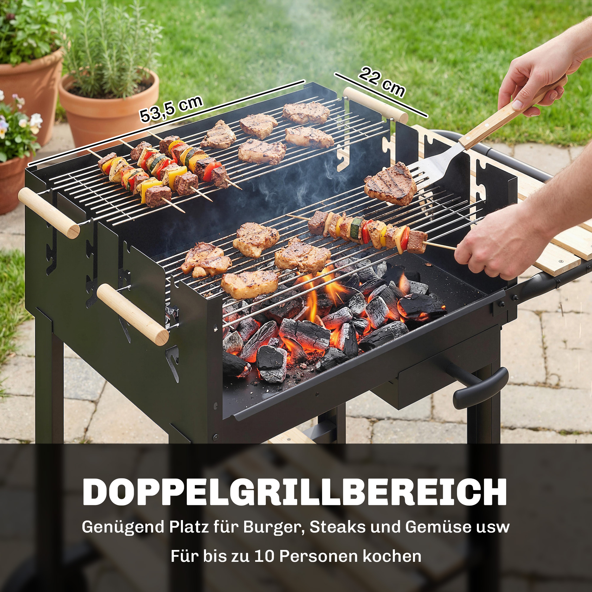 Holzkohlegrill Grillwagen mit 4-fach höhenverstellbarer Grillrost 2 Holzablage 2 Räder Aschebehälter 99,5 x 58 x 82 cm