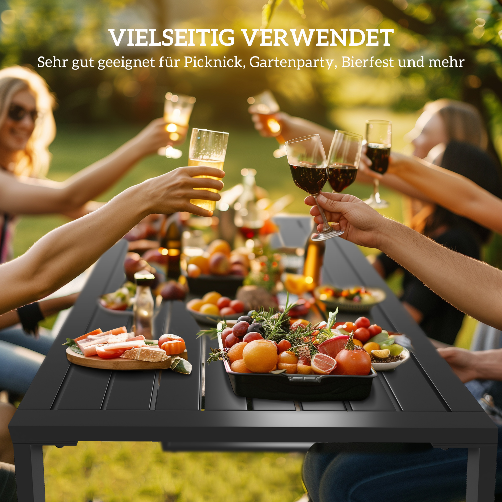 Gartengarnitur für 4 Personen, 1 Tisch & 2 Bänke, Metall, Schwarz