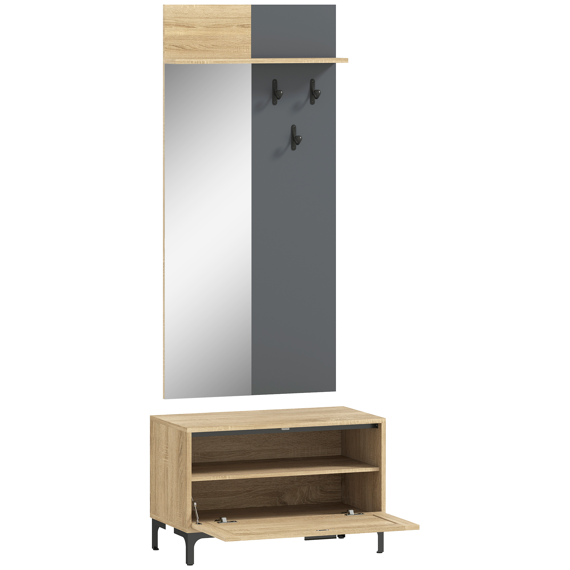 Garderobenset für Eingangsbereich, Schuhbank, Spiegel, 3 Haken, Offenes Regal, Flurmöbel, Naturholz+Grau