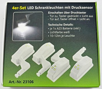 LED Schrankleuchte, 4er-Set / Batteriebetrieb, Drucksensor für Türen