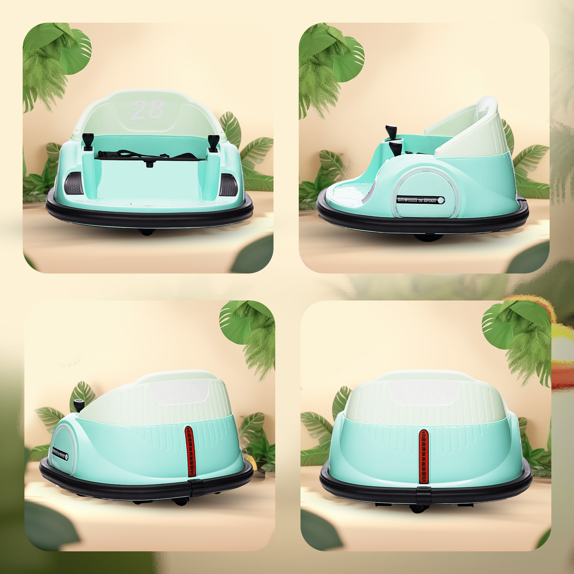 Autoscooter, 360° Rotation, 2 km/h Geschwindigkeit, Sicherheitsgurt, LED-Lichter, Musik und Hupe, Grün