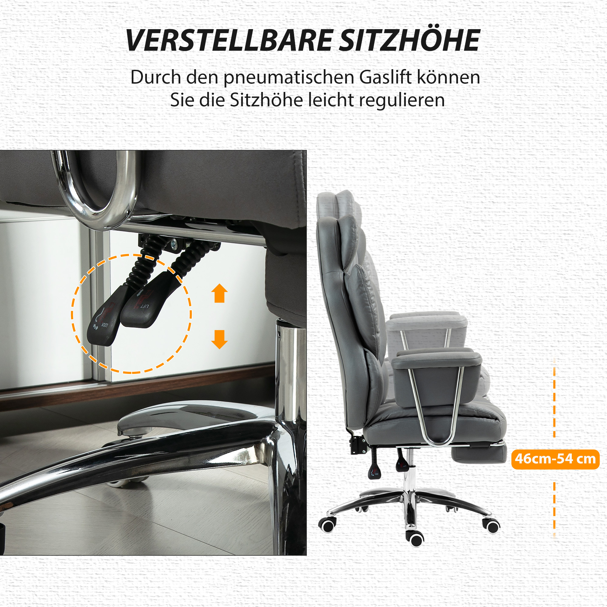 ergonomischer Bürostuhl, gepolstert, mit Fußstütze, verstellbarer Lehne, 360° drehbar, Dunkelgrau