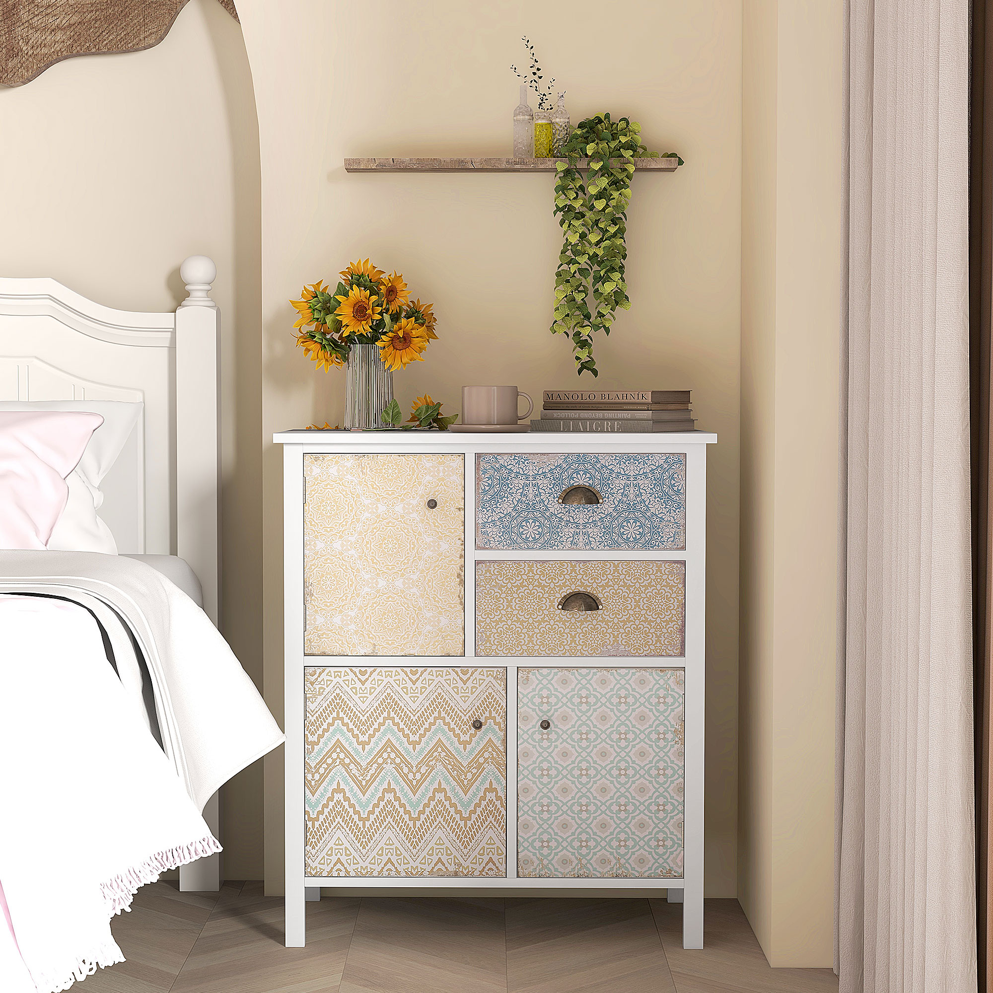 Sideboard, Shabby Chic Kommode, 2 Schubladen, 3 Schrankfächer, Kiefernholz, 68x34x80cm, Weiß