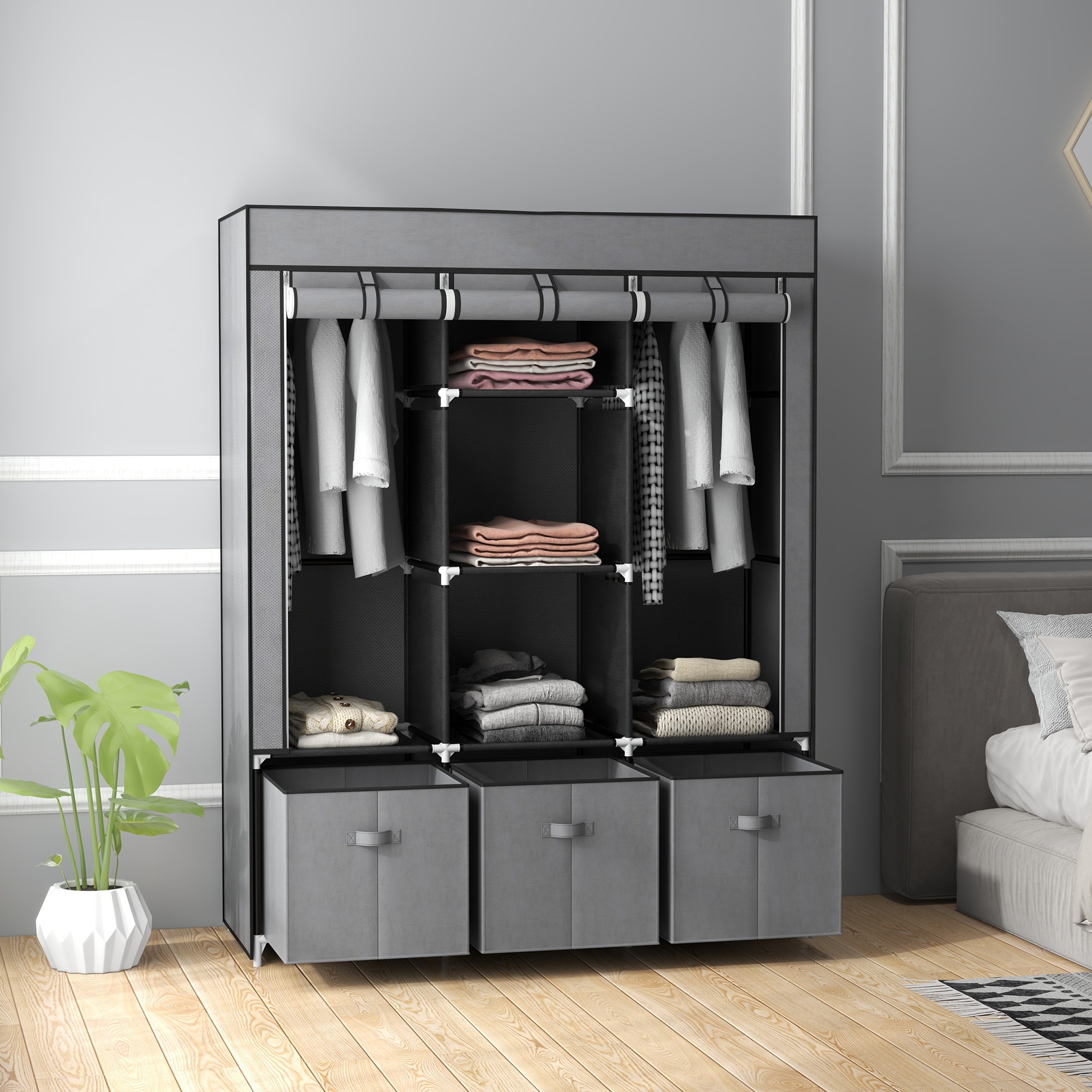 Stoffschrank aus Vlies, Faltschrank, inkl. 3 Schubladen, 125 cm x 43 cm x 162,5 cm, Grau