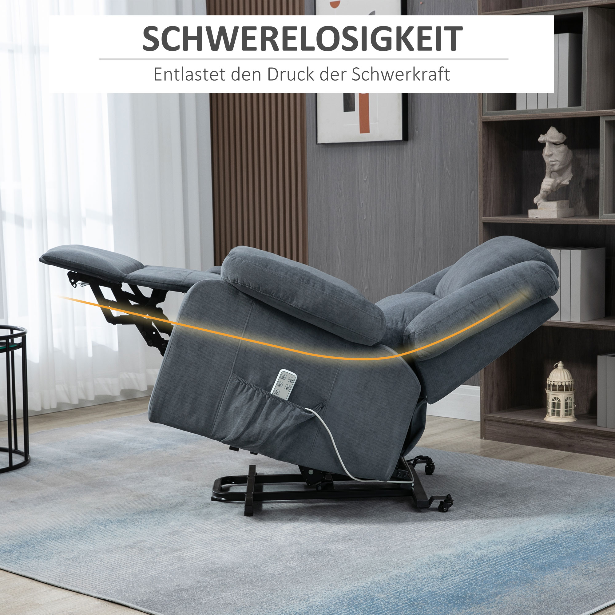 Aufstehsessel, Relaxsessel, mit Liegefunktion, Fernbedienung, Samtoptik, grau, 92 x 93 x 105 cm