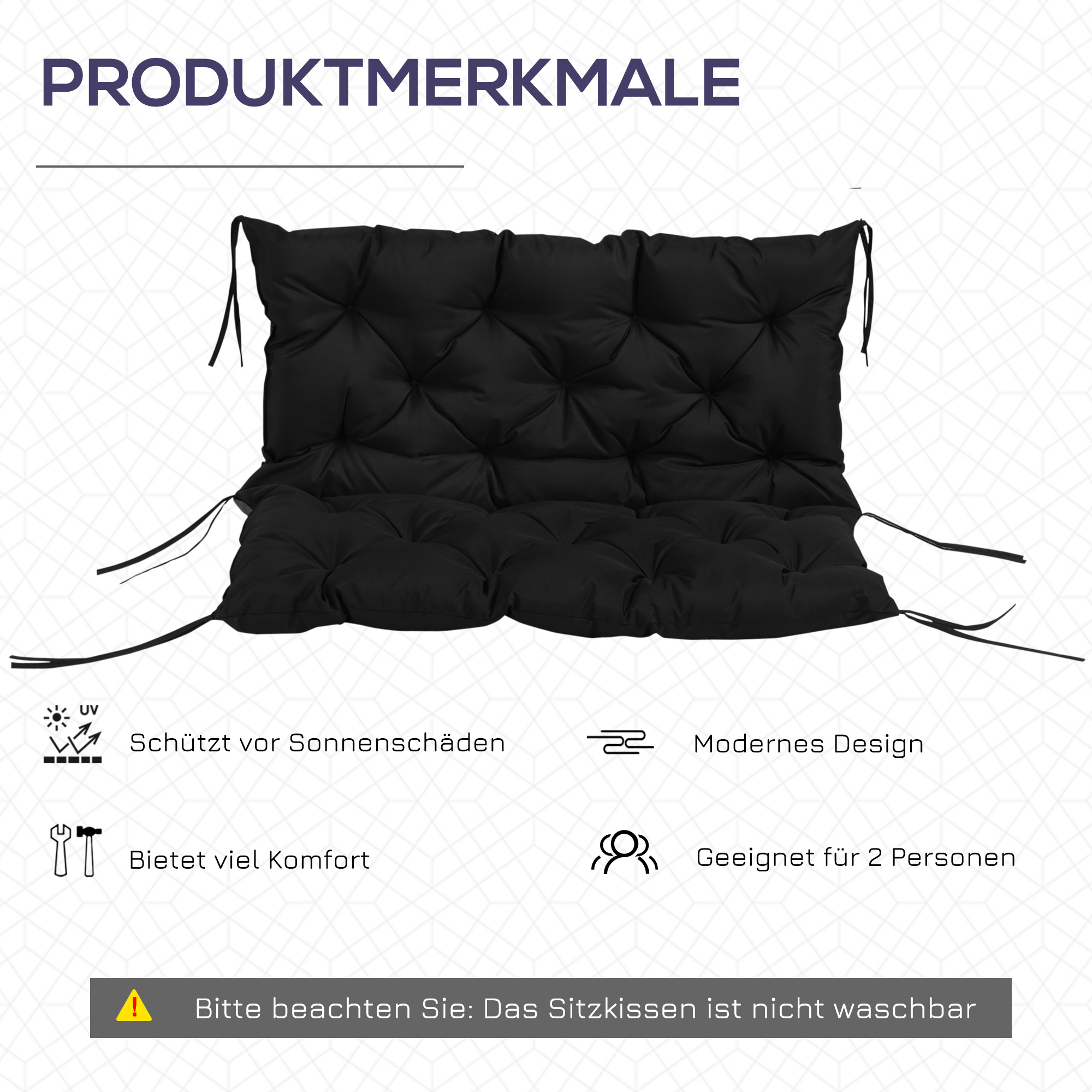 3 Sitzer Bankauflage 100x98x8 cm Bankkissen mit Bändern, Bankpolster für Gartenmöbel Hollywoodschaukel, Schwarz
