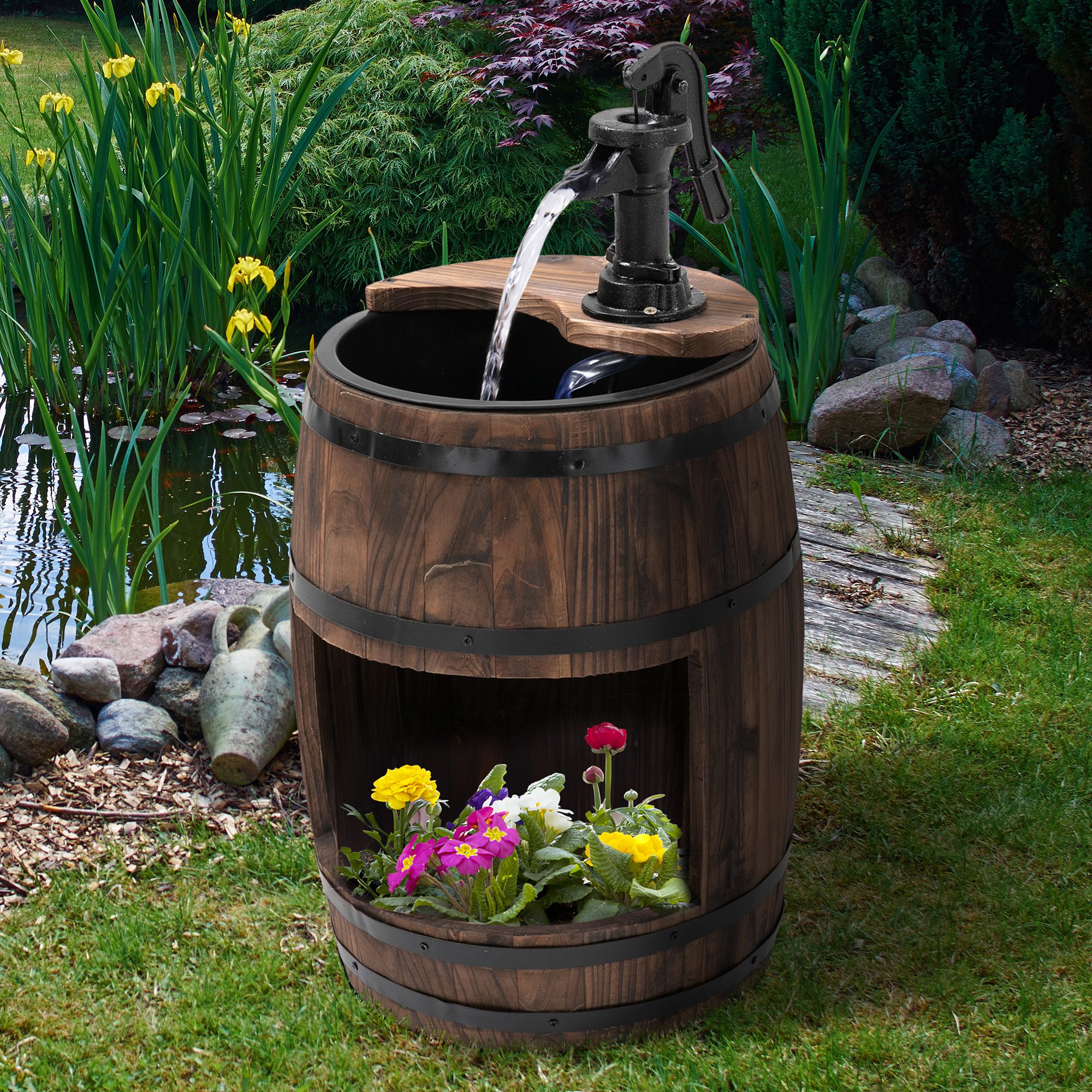 Gartenbrunnen Zierbrunnen Springbrunnen Fassbrunnen Wasserfall Holzfass mit Pflanzgefäß Tannenholz Dunkelbraun Ø27 x 59 cm