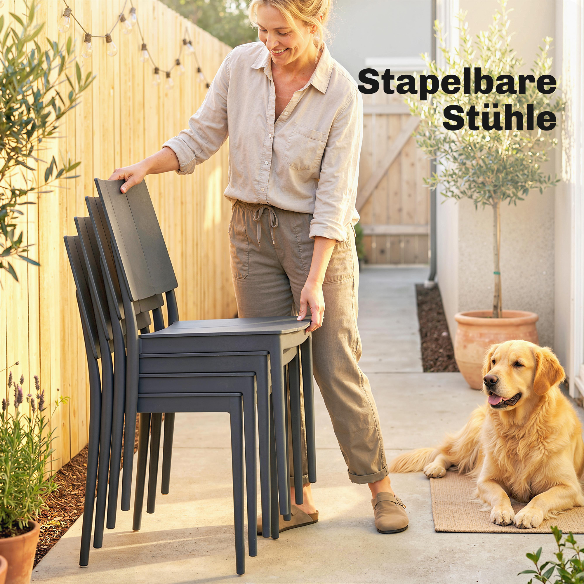 Gartenmöbel Set Sitzgruppe 5-teilig Breiter Tisch mit 4 Stapelstühlen Lamelldesign für 4 Personen Dunkelgrau