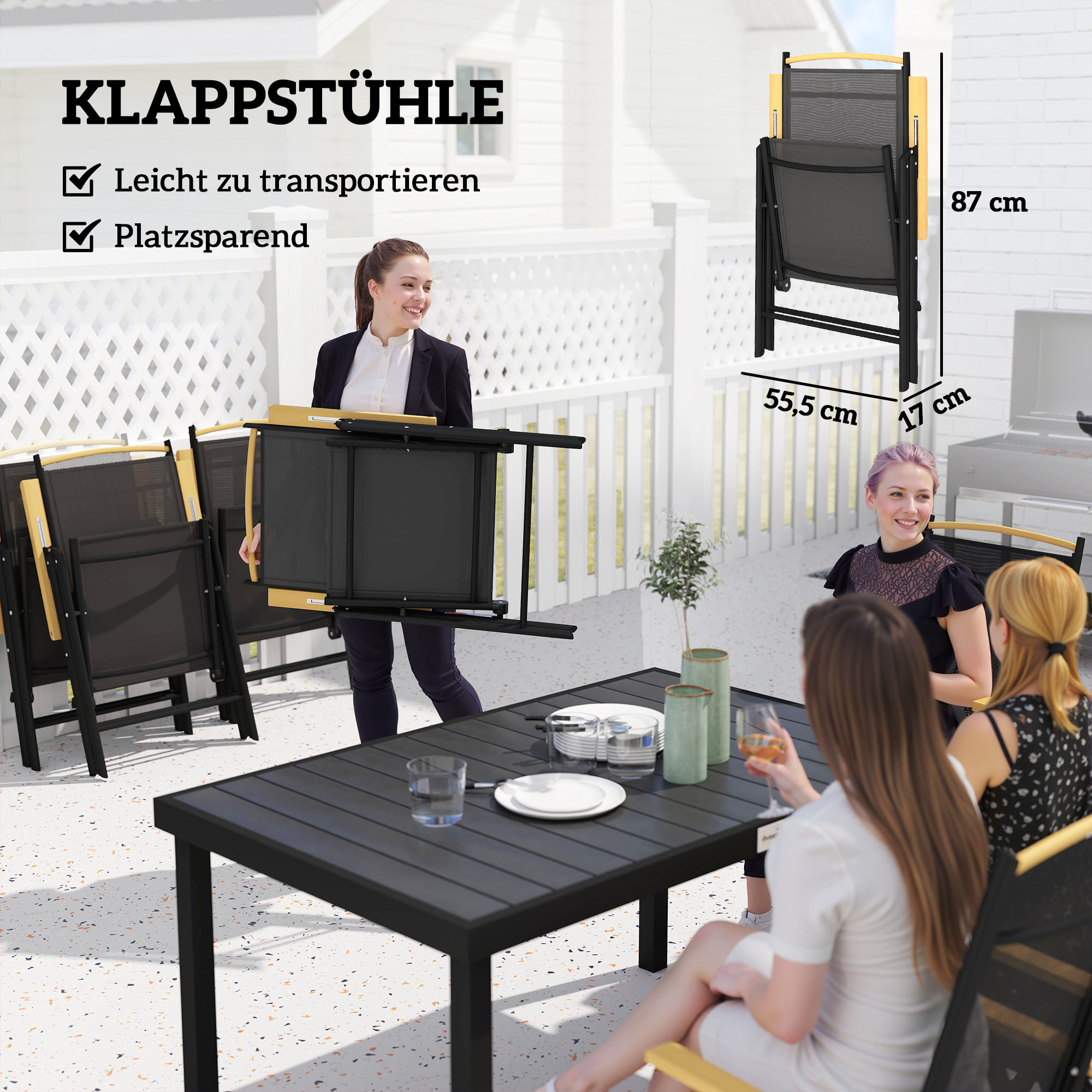 Sitzgruppe klappbar für 6 Personen 1 Tisch+6 Stühle Gartenmöbel Set Sitzgarnitur Aluminium Mesh Schwarz