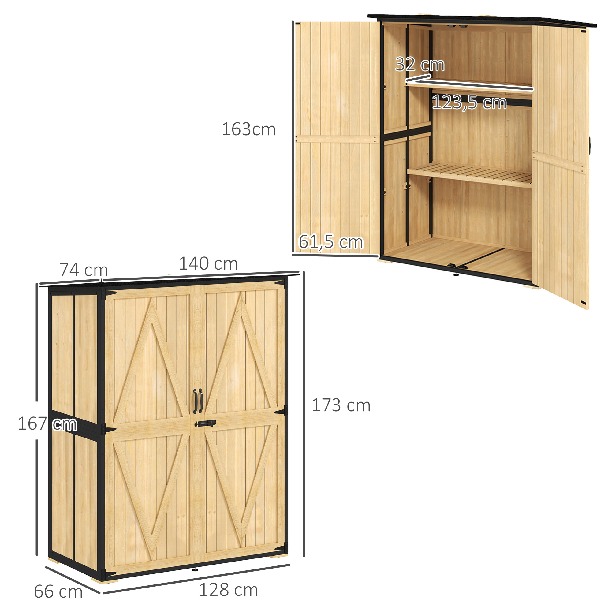 Gartenschrank aus Holz und Stahl, Outdoor-Werkzeugschrank mit Asphalt-Dach, 2 Regale, verschließbare Türen, Naturholz