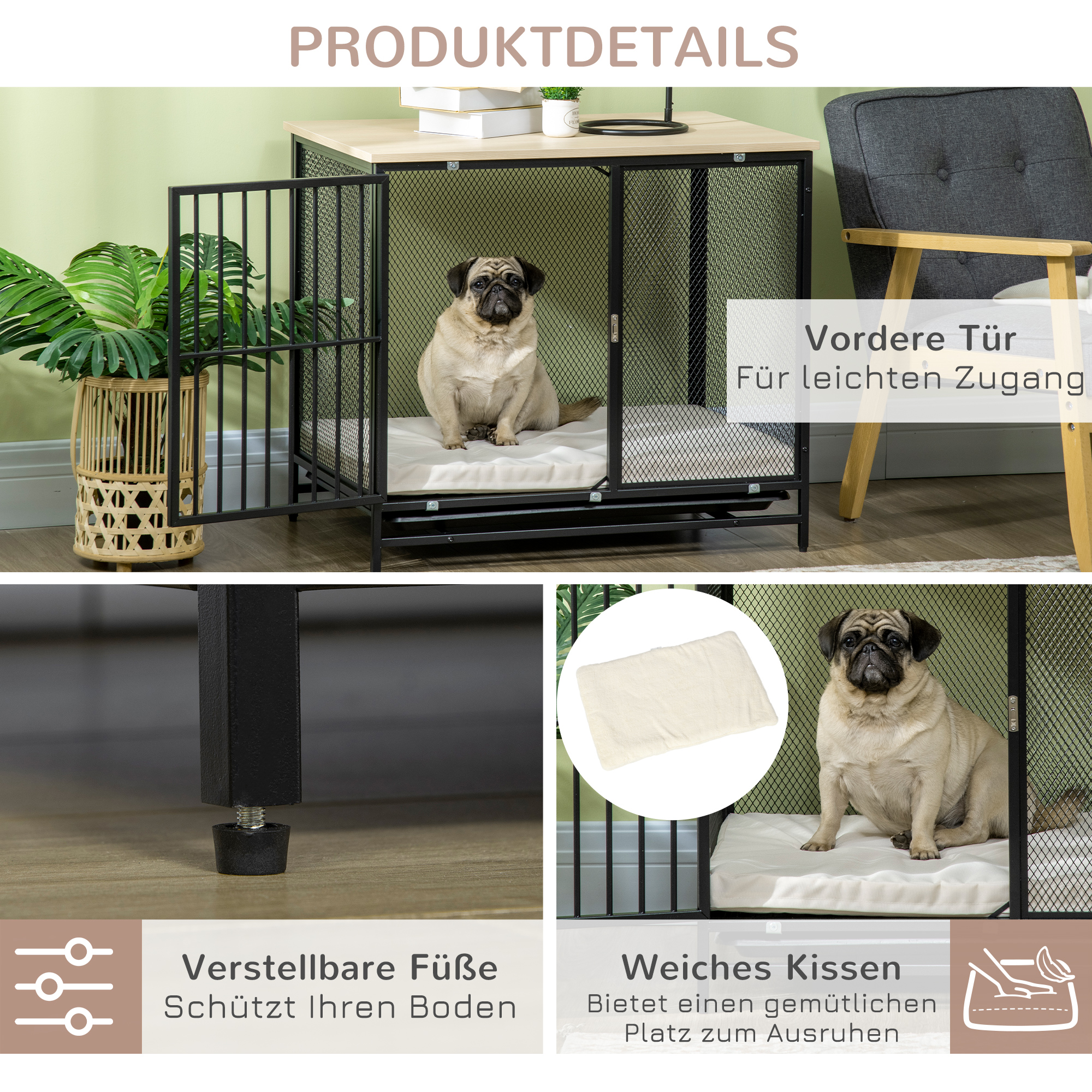 Hundekäfig, Hundebox, wasserabweisende Matte, herausnehmbare Bodenwanne, verriegelbar, Schwarz, 80 x 55 x 71 cm