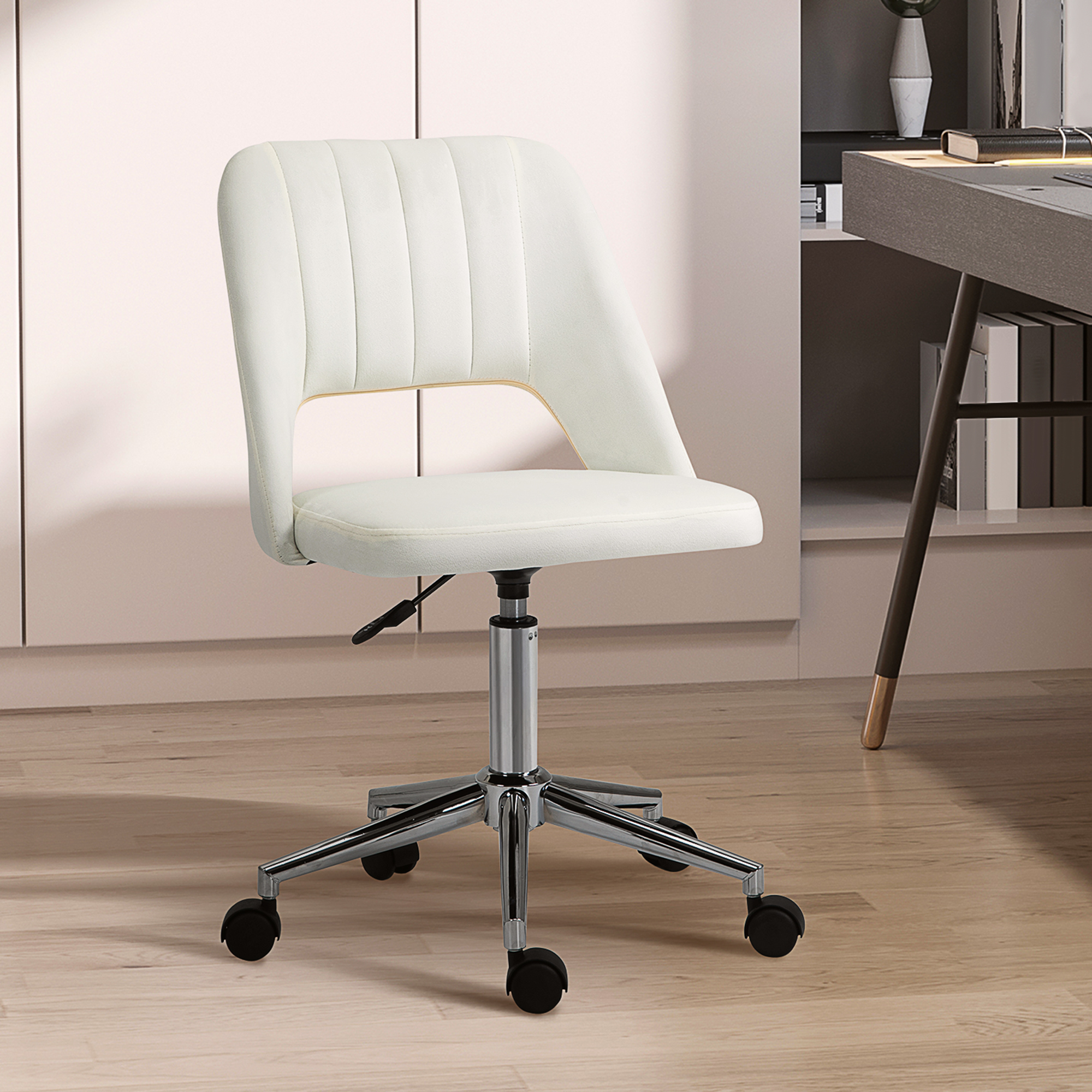 höhenverstellbarer Schreibtischstuhl mit Rollen, 360° drehbar, Jakobsmuschel-Form, Schaumstoff, 49 x 60 x 79-91 cm, Cremeweiß