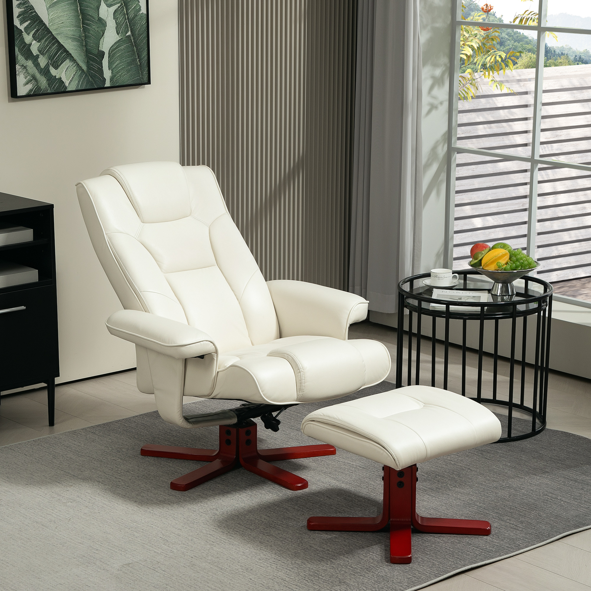 Relaxsessel mit Hocker, Lederoptik, neigbare Lehne, bis 150 kg, Cremeweiß