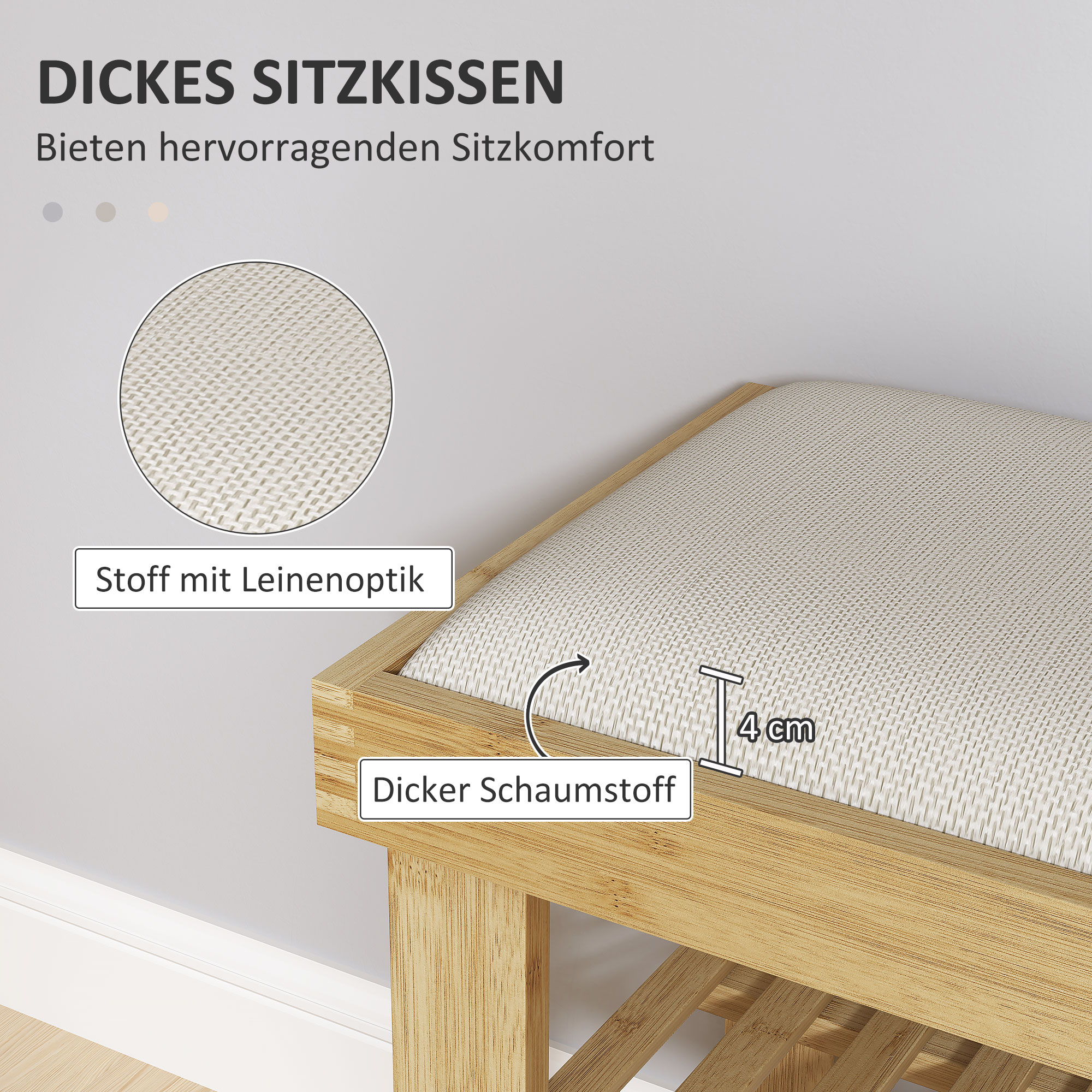 Schuhbank mit Sitzfläche, Bambus Sitzbank mit Stauraum, 2 offene Fächer, Sitzbank 60 x 29 x 49 cm Cremeweiß