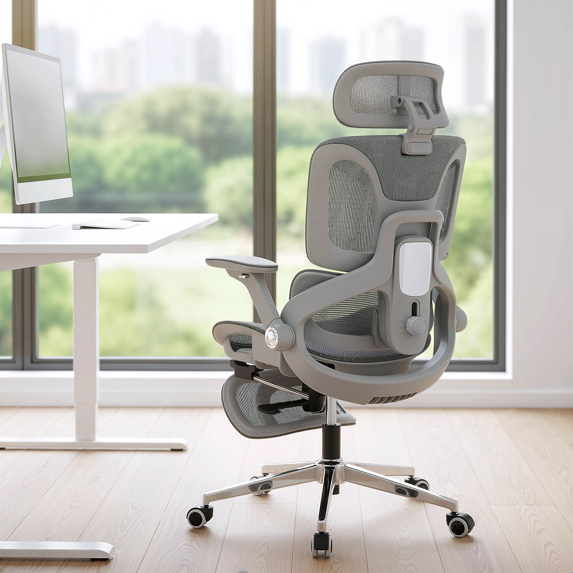 Ergonomischer Bürostuhl, Mesh-Computersessel mit separatem Rücken, Lendenstütze, 4D klappbare Armlehnen, Grau