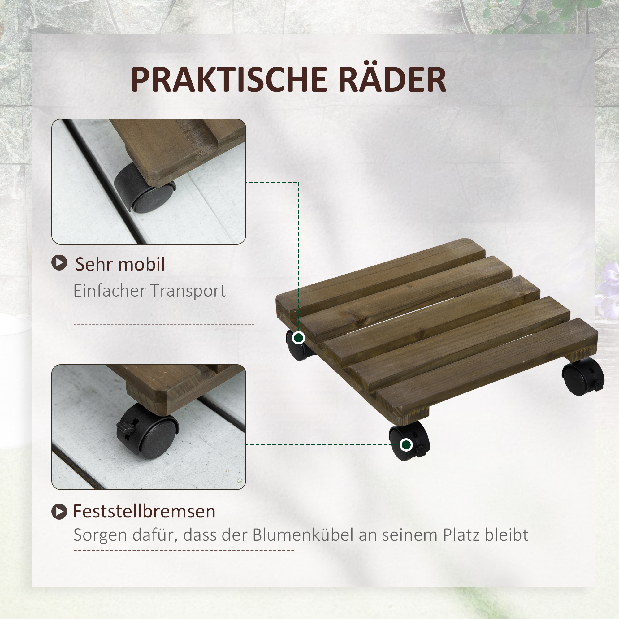 2er-Set rollende Pflanzenständer, Massivholz, 4 Rollen mit Bremsen, 30 cm x 30 cm x 7 cm, Braun + Schwarz