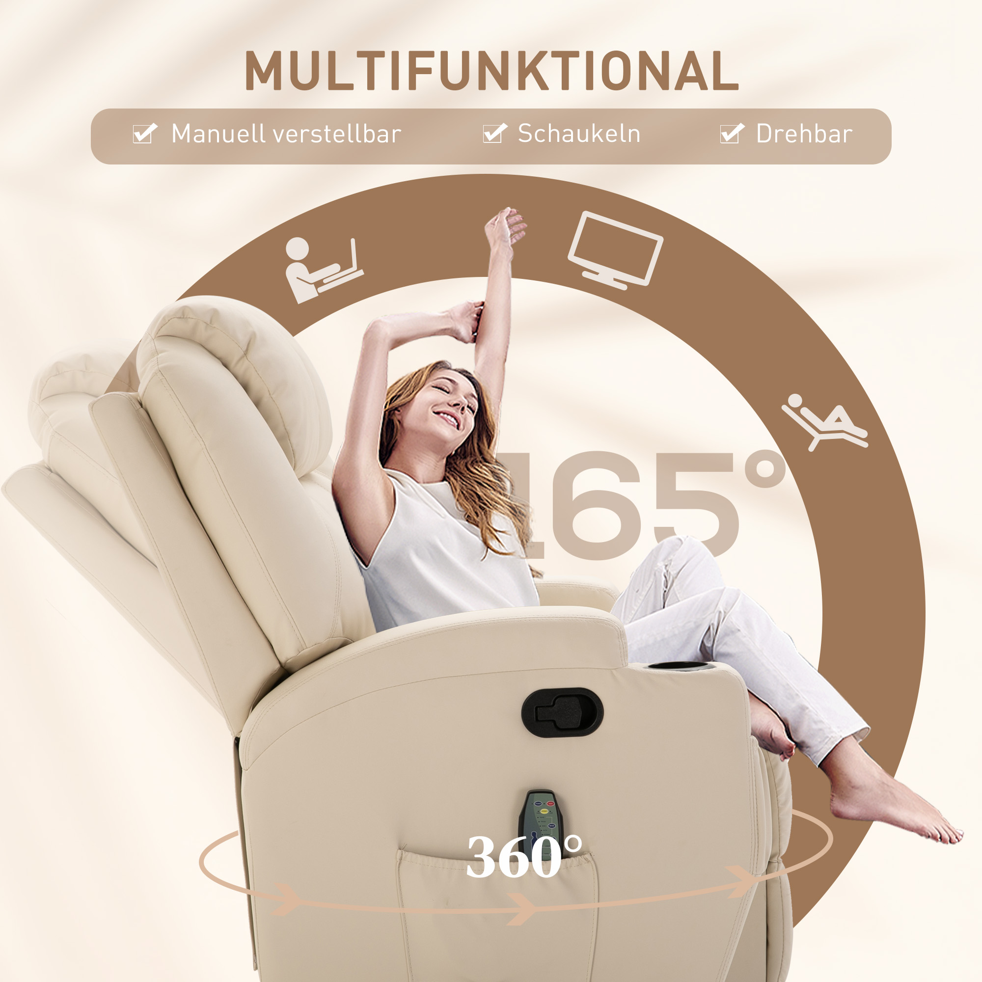 Massagesessel Elektrisch Relaxsessel Fernsehsessel Massagefunktion 5 Massage-Modi Liegefunktion Kunstleder Holz Metall Schaumstoff Cremeweiß 84 x 92 x 109 cm