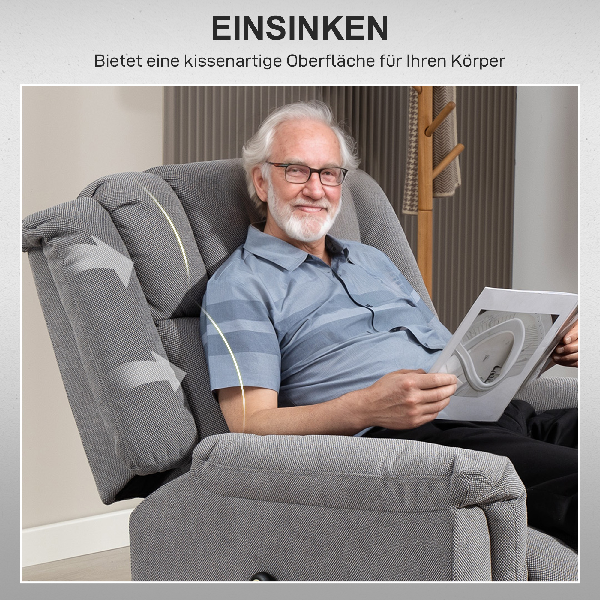 Powerlift-Sessel, Massagesessel mit Wärmefunktion, Polstersessel mit Fußstütze, Seitentasche, Stoffbezug, Dunkelgrau