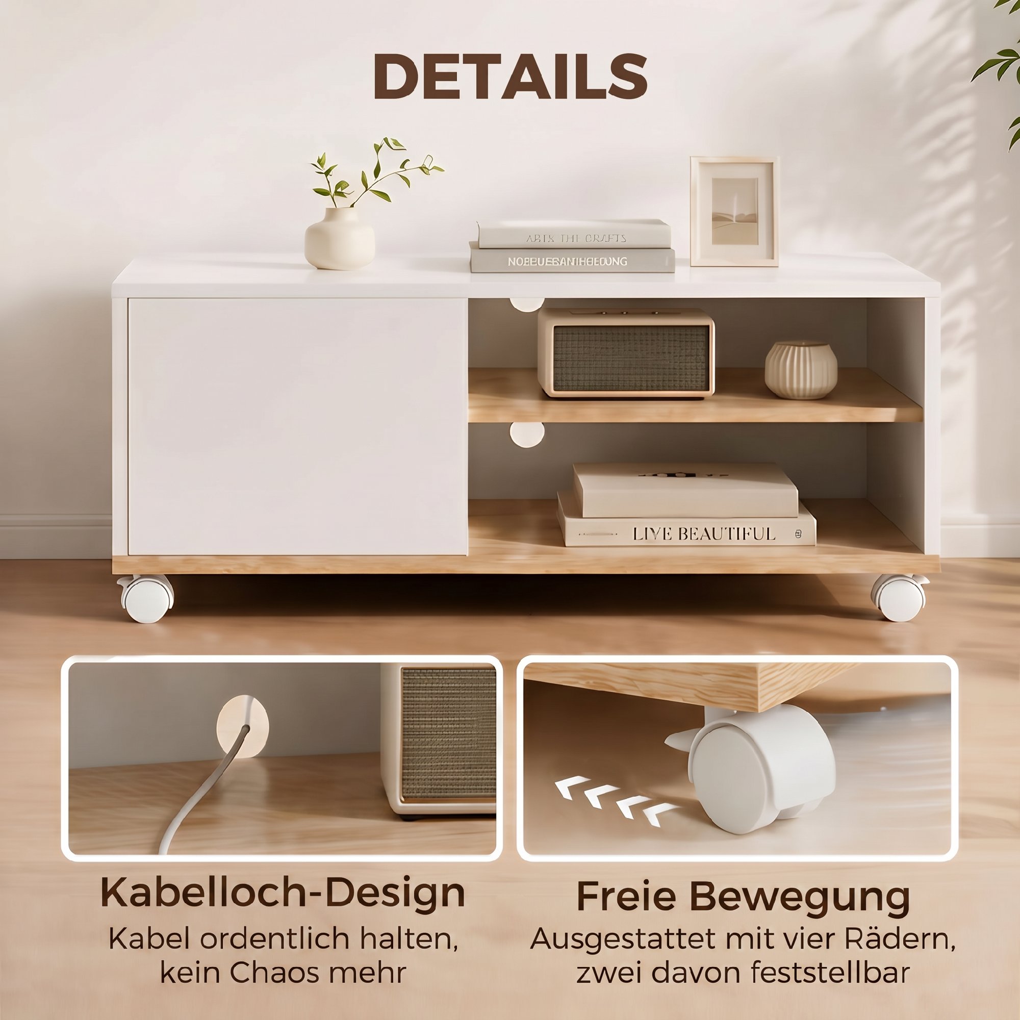 TV-Board auf Rollen mit Bremsen, TV-Möbel mit Schrank und verstellbarer Ablage, Weiß und Eiche