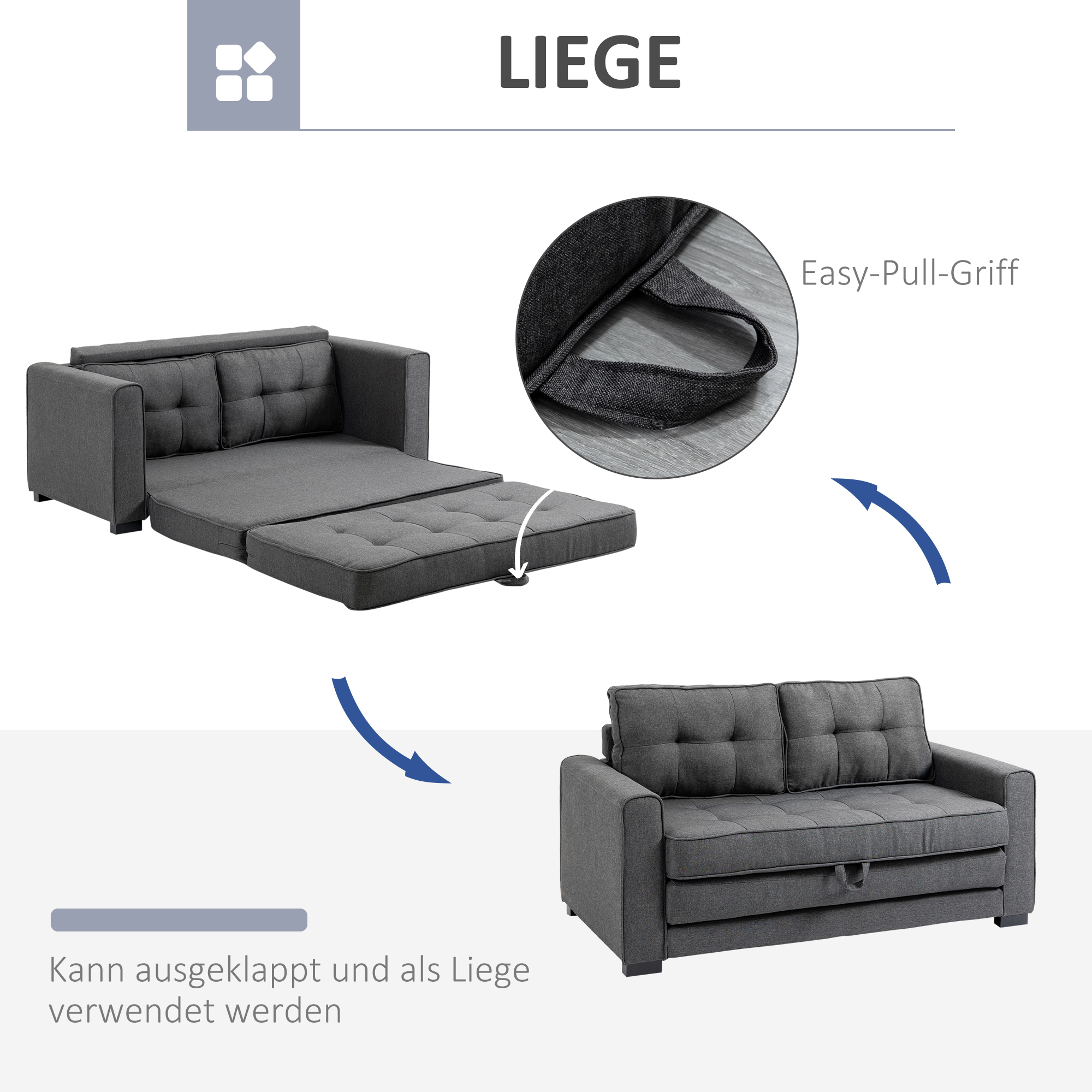 Schlafsofa Klappsofa 2-Sitzer Stoffsofa Bettsofa Sofa mit Schlaffunktion Sofagarnitur Leinen-Touch Gummiholz Grau 147,5 x 75 x 85 cm
