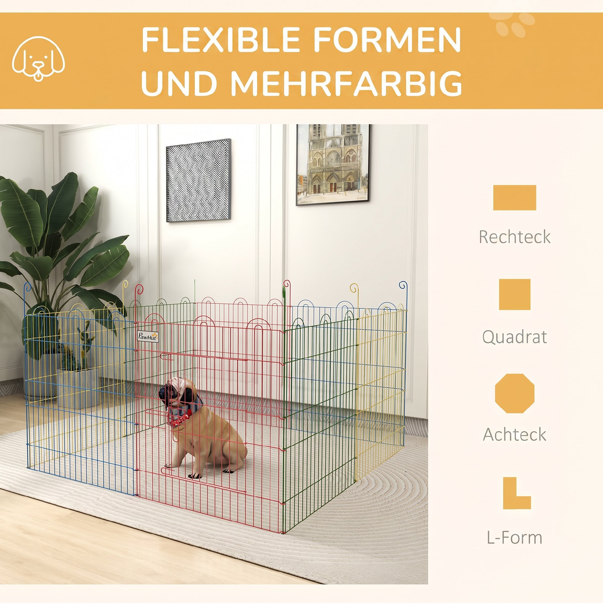 Freilaufgehege, Welpenauslauf, modulares Design, verriegelbar, Stahl, Ø156x60H cm, Bunt