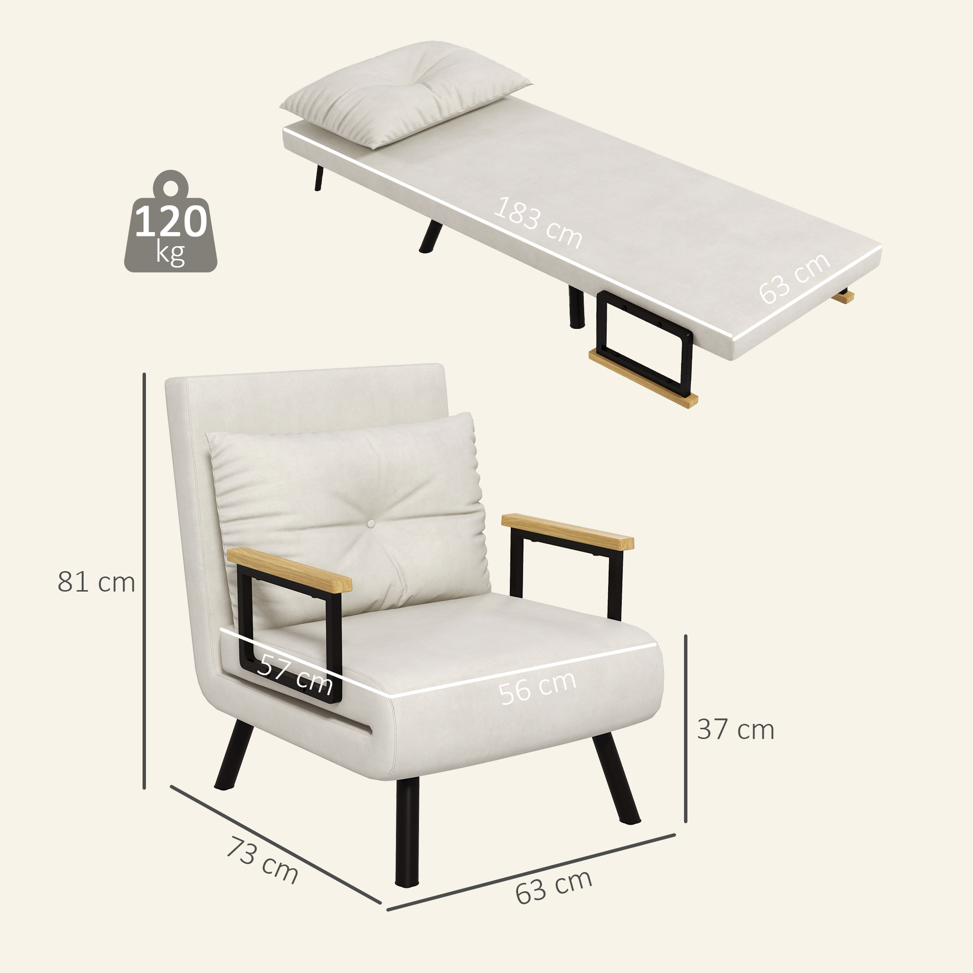 Relaxsessel im Skandidesign, Liegesessel, Lesesessel. ink. Kissen mit Knopfhefung, Cremeweiß
