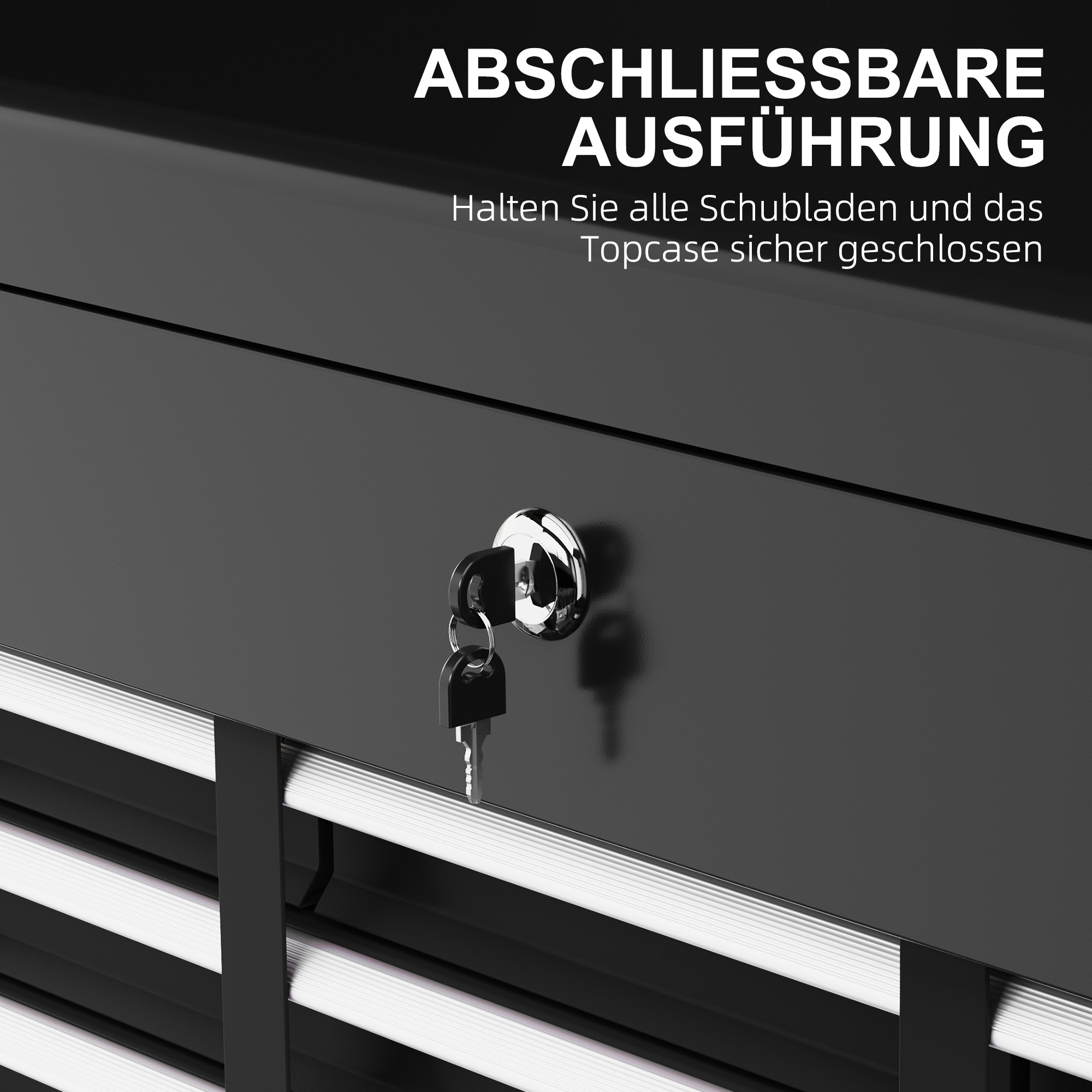 Werkzeugkiste, abschließbar, 3 Schubladen, Stahlgehäuse, 60x26x34cm, Schwarz