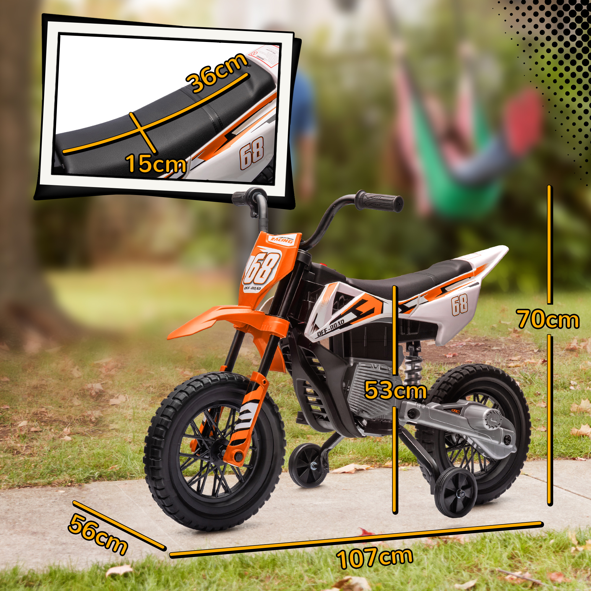 Elektro-Motorrad für Kinder, 12V Kindermotorrad mit Musik, Kinderfahrzeug mit Trainingsrädern, 3-6 Jahre, Orange