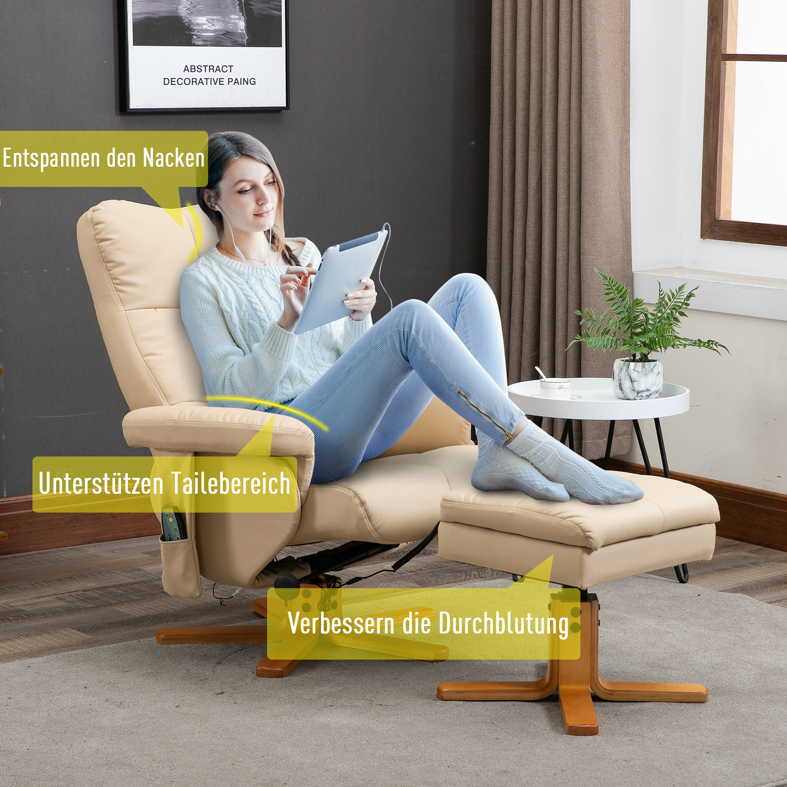 Relaxsessel Massagesessel mit Fußhocker Stauraum Liegefunktion Fernsehsessel mit Massagefunktion TV Sessel 145°-Neigung Polyester Cremeweiß 80 x 86 x 99 cm