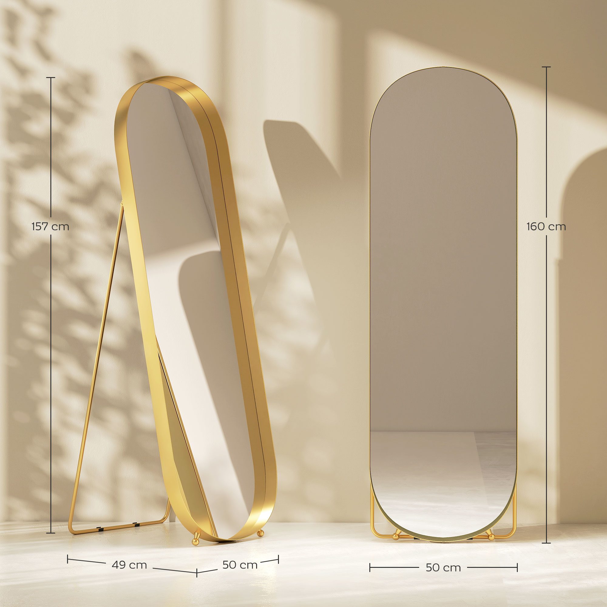 Ganzkörperspiegel mit Metallrahmen, 160 x 50 cm, goldfarbener Rahmen, für Wohnzimmer, Schlafzimmer
