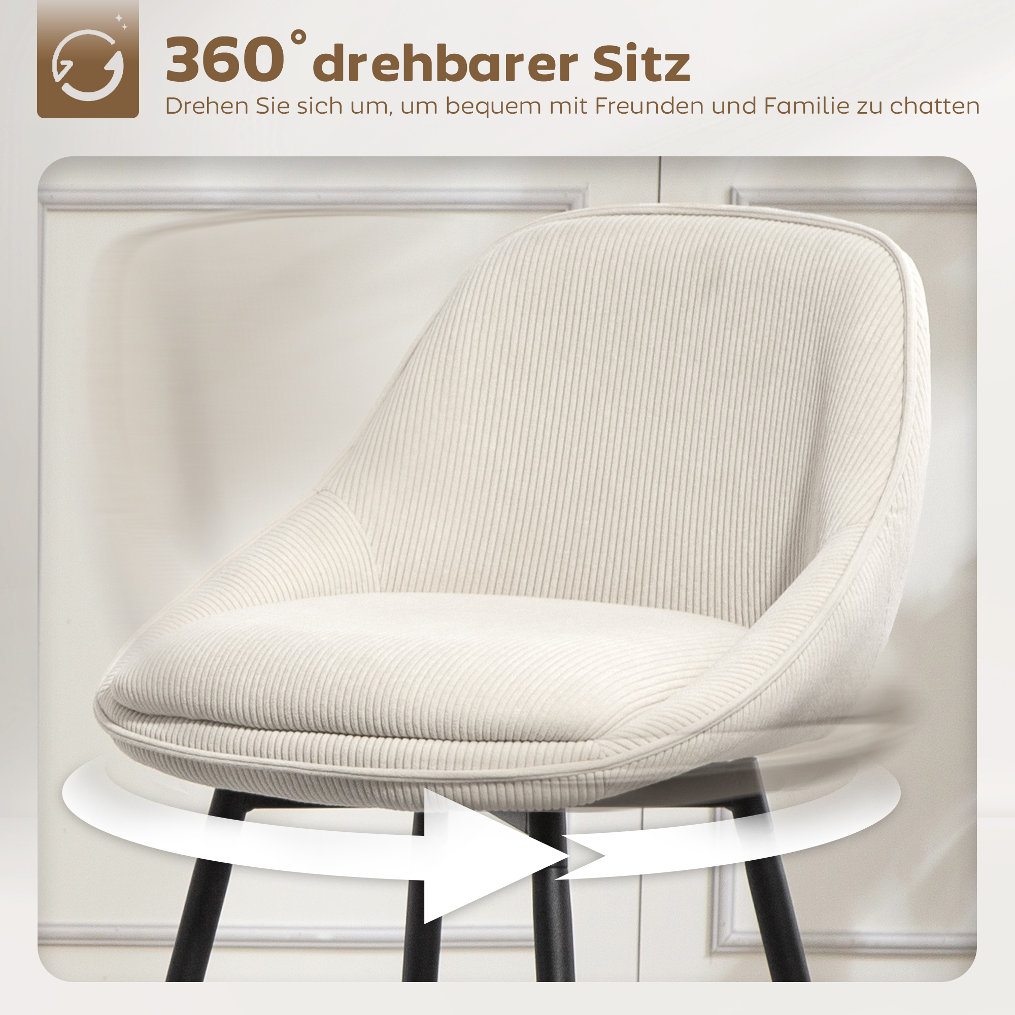 2er-Set Barstühle mit Cordbezug und Stahlbeinen, Polsterstühle für Kücheninsel, Esszimmer, Creme