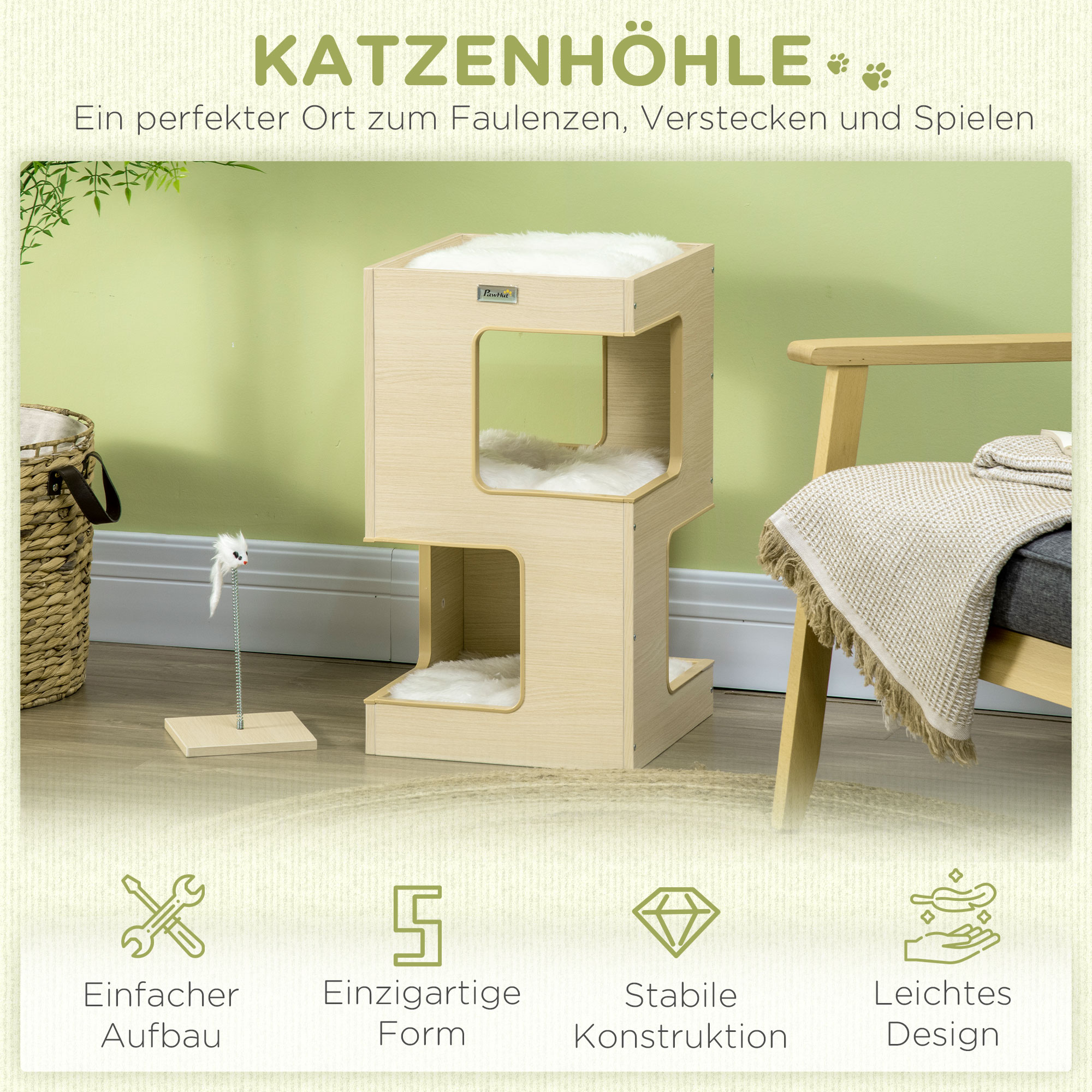 Katzentonne, Katzenhöhle, 2 Ebenen, inkl. Spielzeug, 34 cm x 34 cm x 60 cm, Natur + Hellgrau