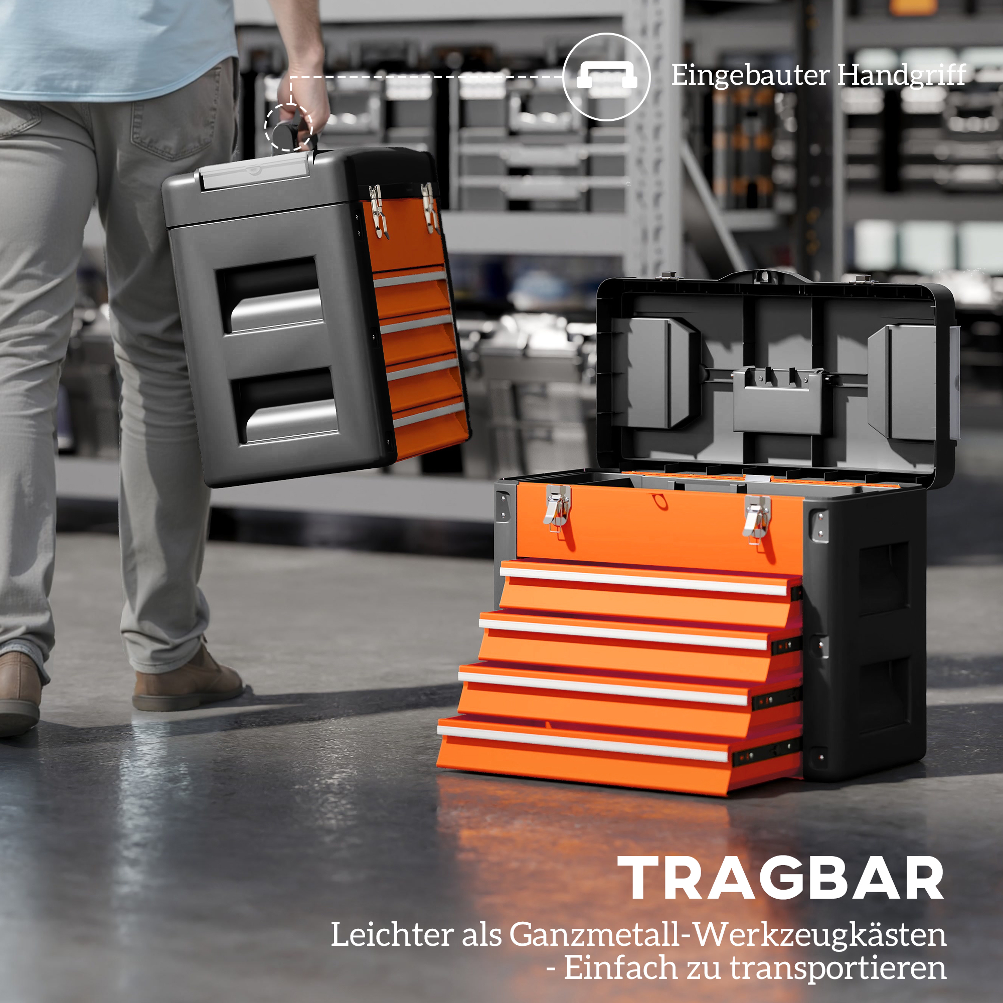 Werkzeugkiste leer, 49,7 x 25,3 x 40,7 cm Werkzeugkasten mit 4 Schubladen, Mini-Box Stahl Orange