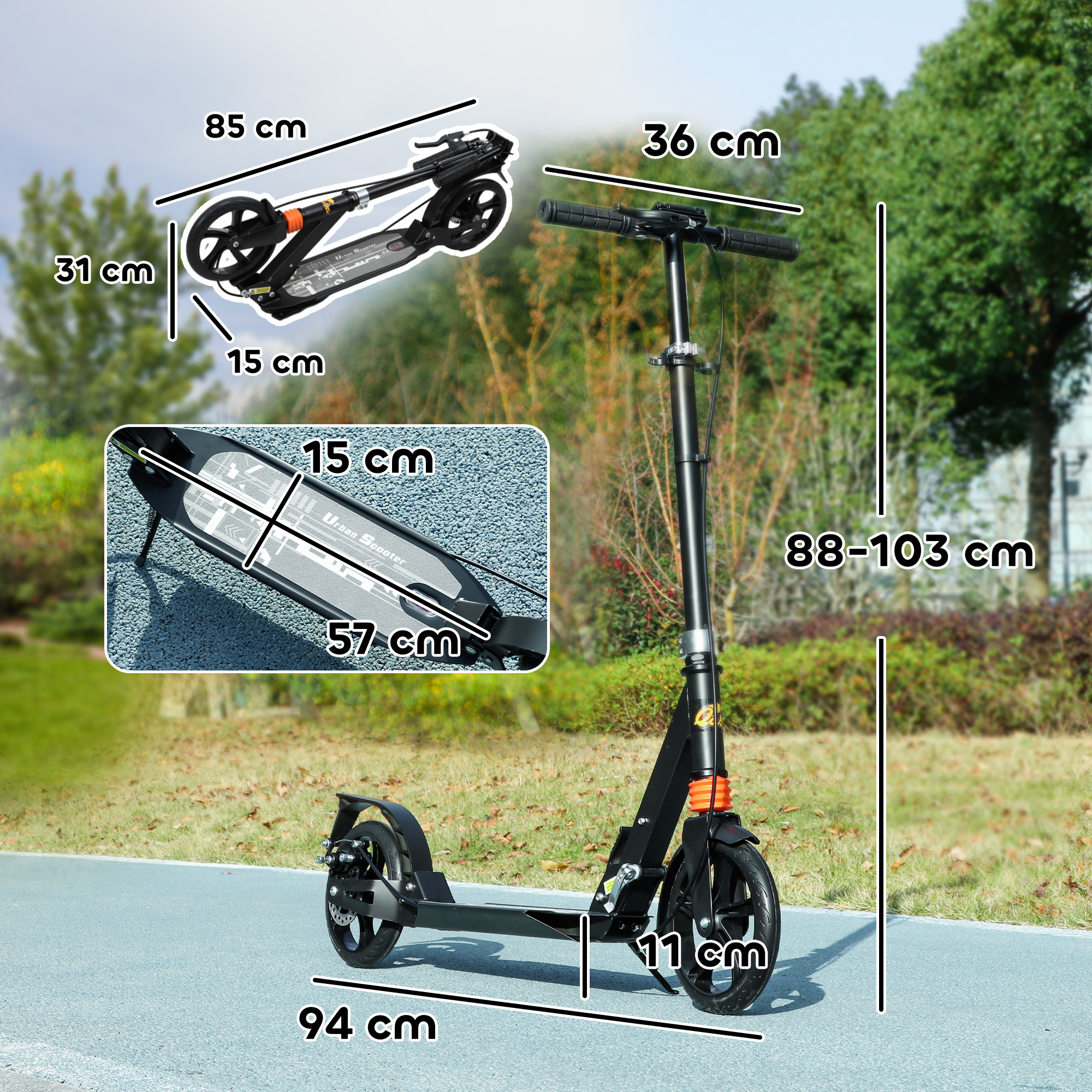 Roller Kinder Scooter mit verstellbaren Griffen klappbarer Kinderroller für Kinder 6-12 Jahre 94 x 36 x 88-103cm Schwarz