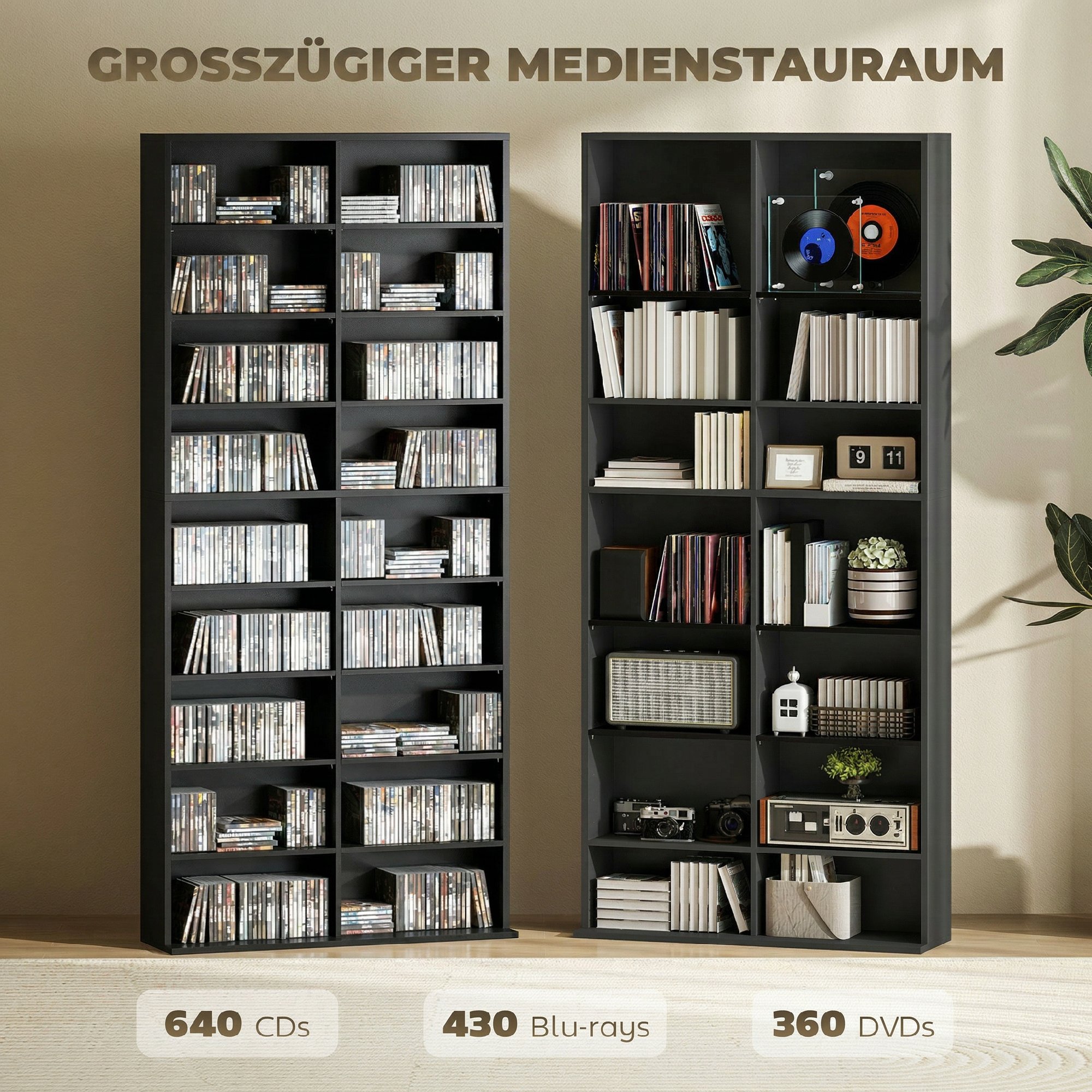 Aufbewahrungsregal für 640 CDs, Blu-ray Regal mit 18 Fächern und 14 verstellbaren Einlegeböden, Schwarz