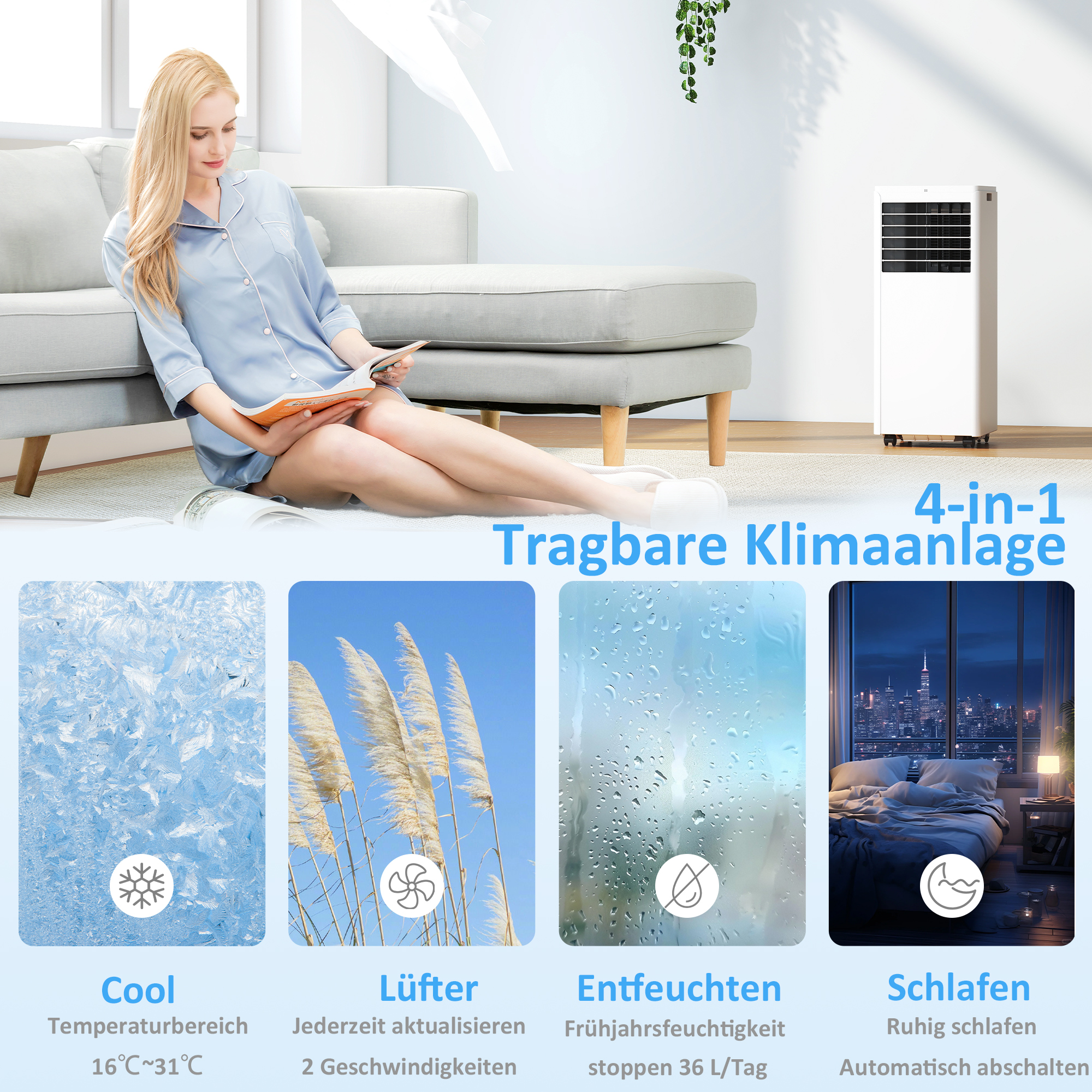 tragbares Klimagerät 7000 BTU, 4-in-1 Klimaanlage mit Kühlung, Entfeuchter, Ventilator, Schlafmodus