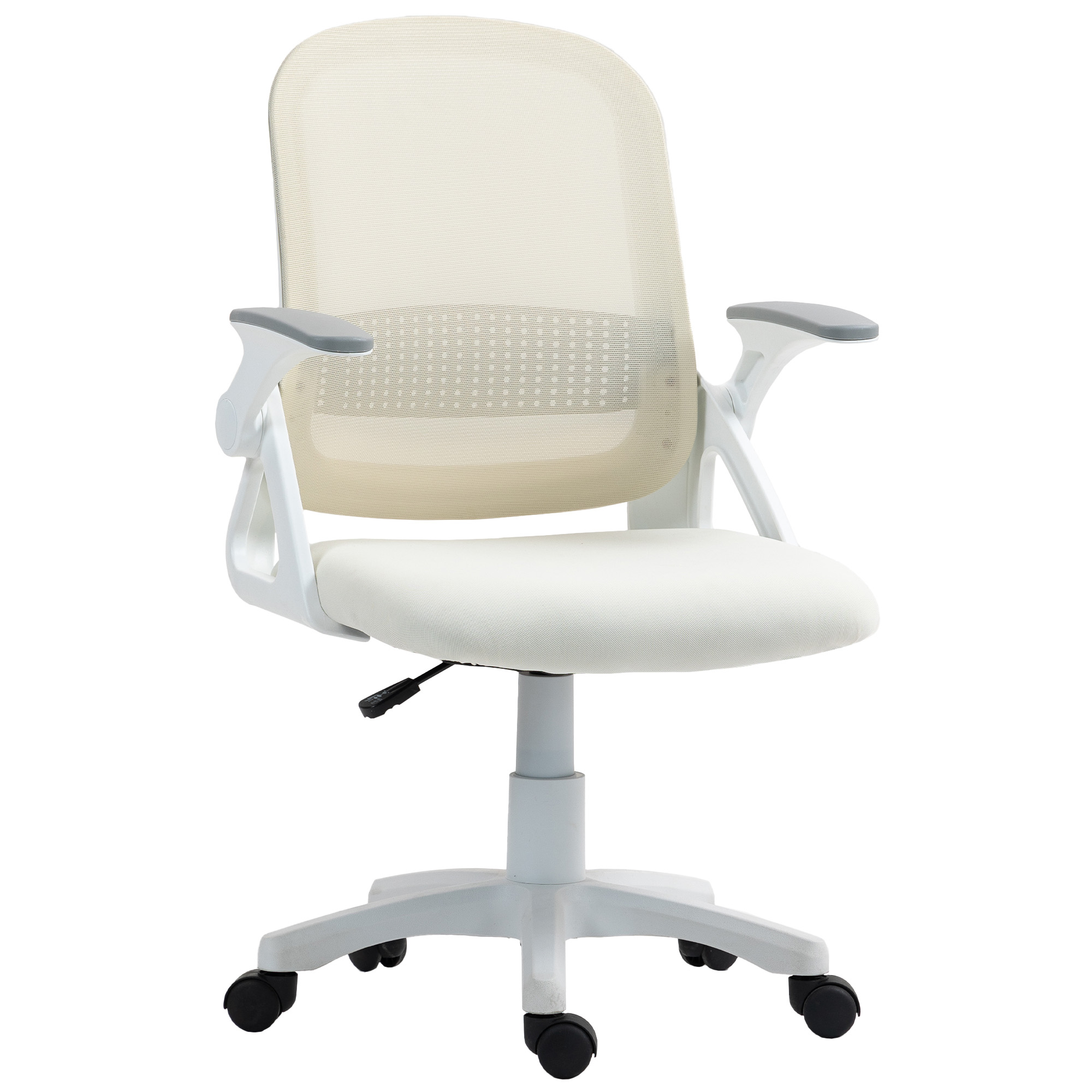 atmungsaktiver Mesh-Bürostuhl, Ergonomischer Drehstuhl mit klappbaren Armlehnen und Lendenwirbelstütze, Weiß